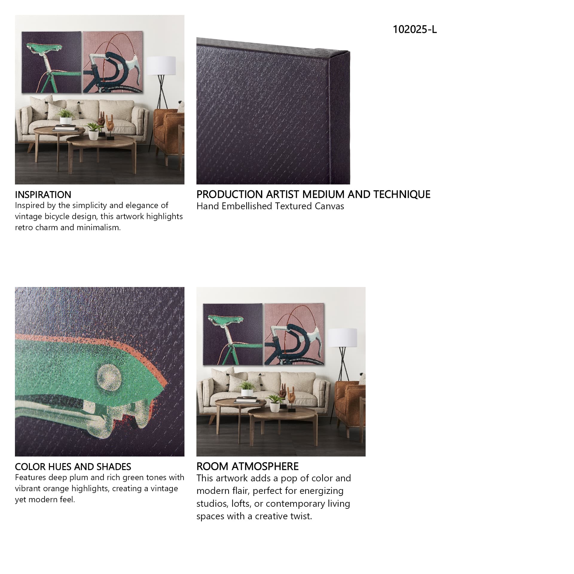 Bike Saddle Purple by Alarm a Hand Embellished Textured Canvas — in a styled room