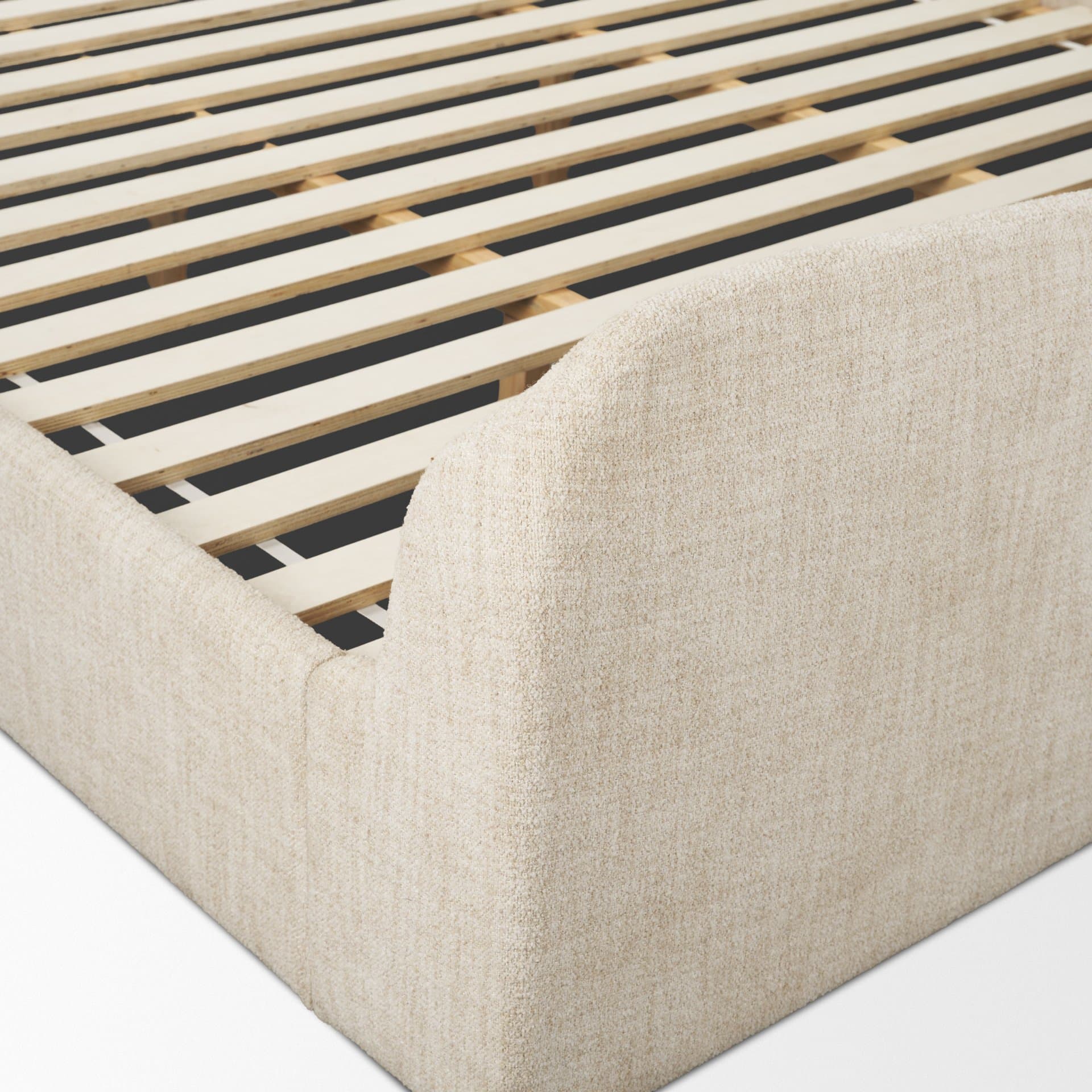 Solene King Upholstered Bedframe w/ Footbed | Curved Headboard | Oatmeal Fabric — product photograph