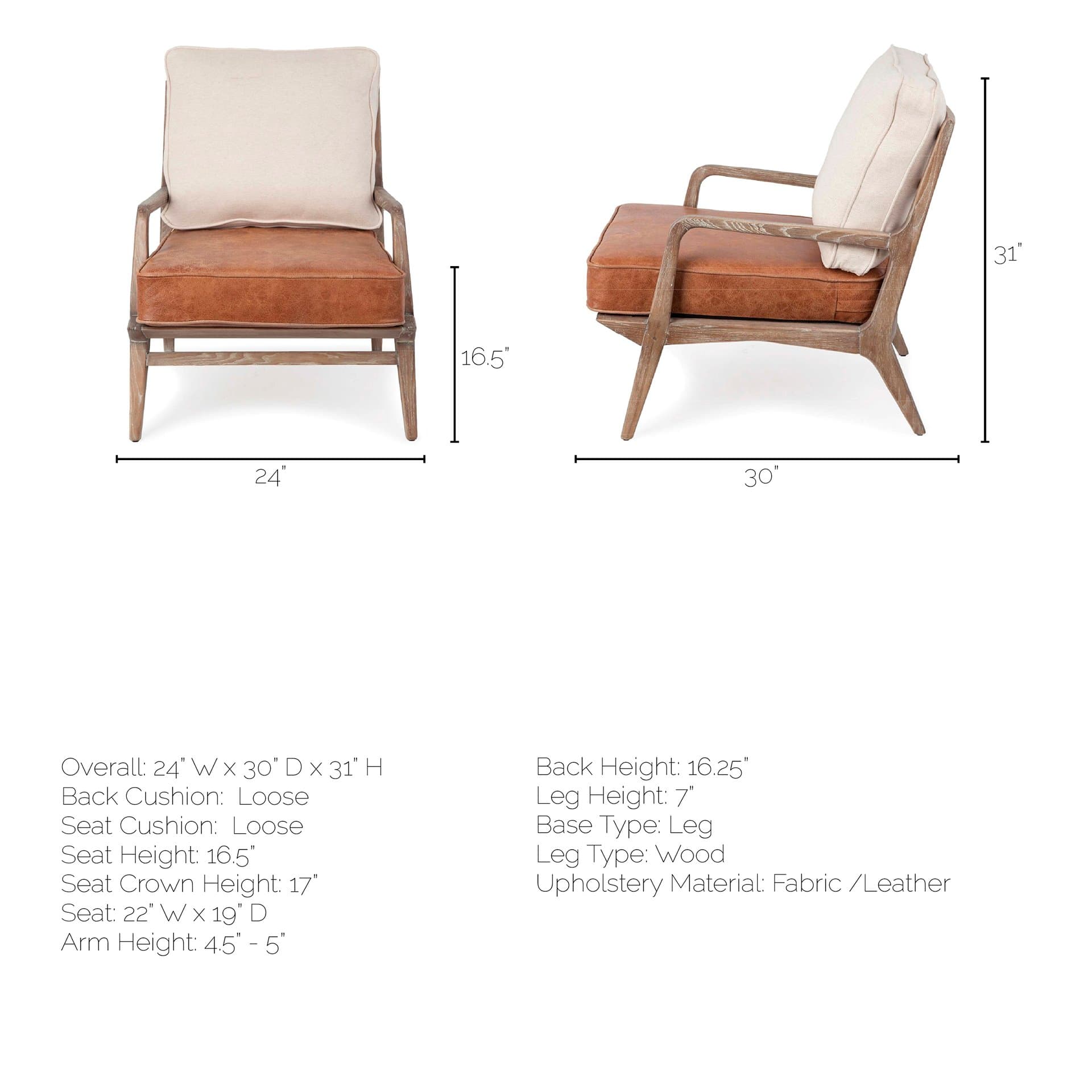 Harman II Cream Fabric and Brown Leather Seat Accent Chair — product photograph