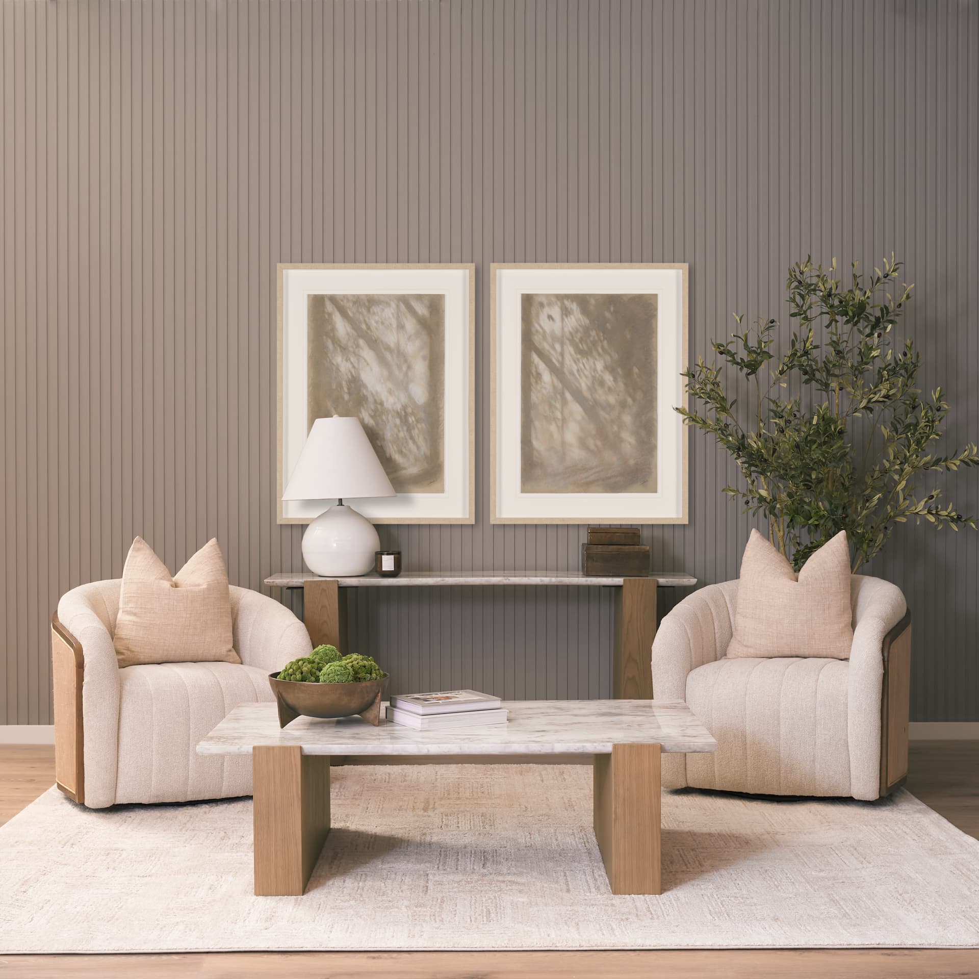 Milos Pink Marble Top w/ Light Brown Oak Wood Coffee Table — in a styled room