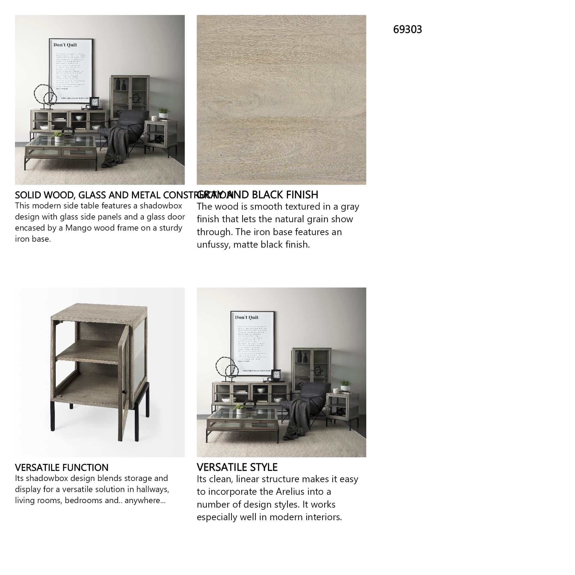 Arelius 20L x 18W x 26H Gray Wood W/ Black Metal Frame End/Side Table — in a styled room