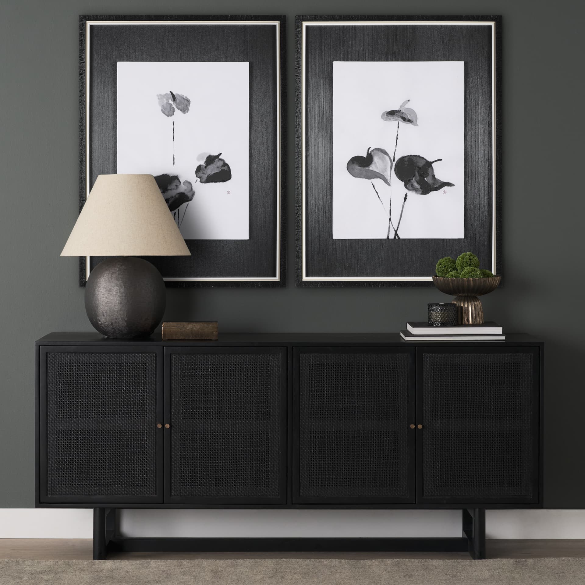 Peace Lily II by Mercana Studio a Hand Embellished Textured Framed Art Print — in a styled room
