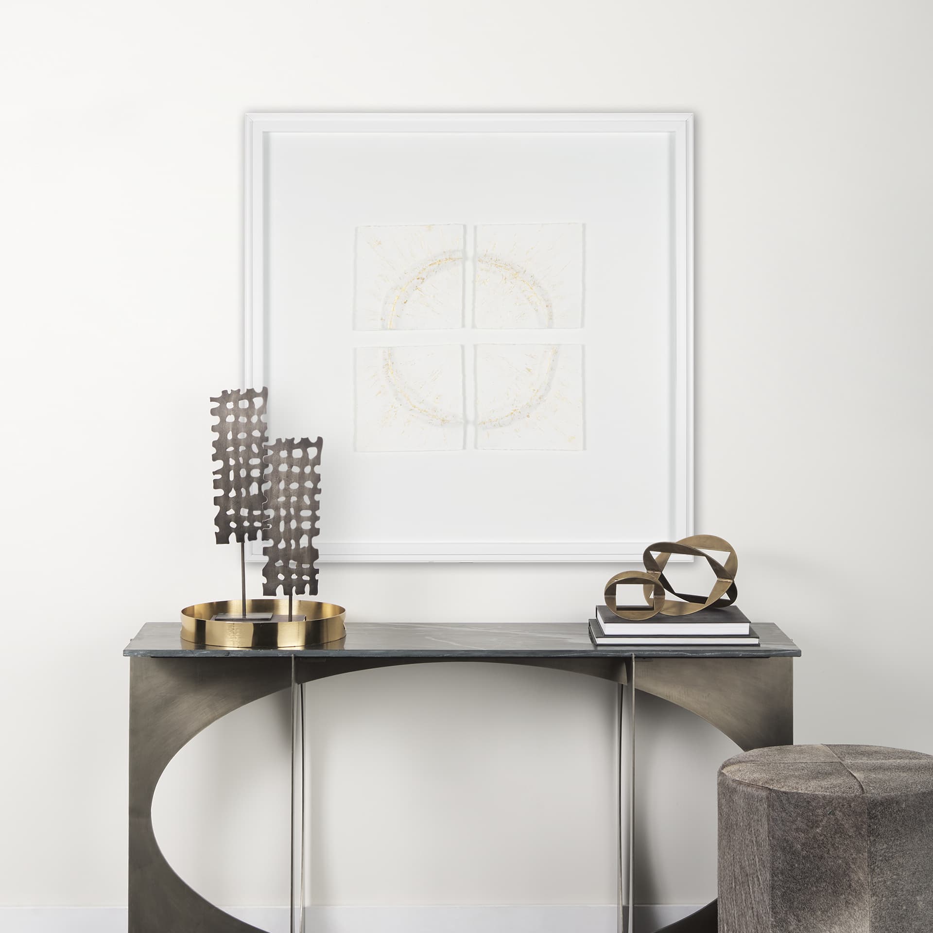 Equal Quadrants White by Studio M a handmade Original Framed 3D Textured Artwork under Glass — in a styled room