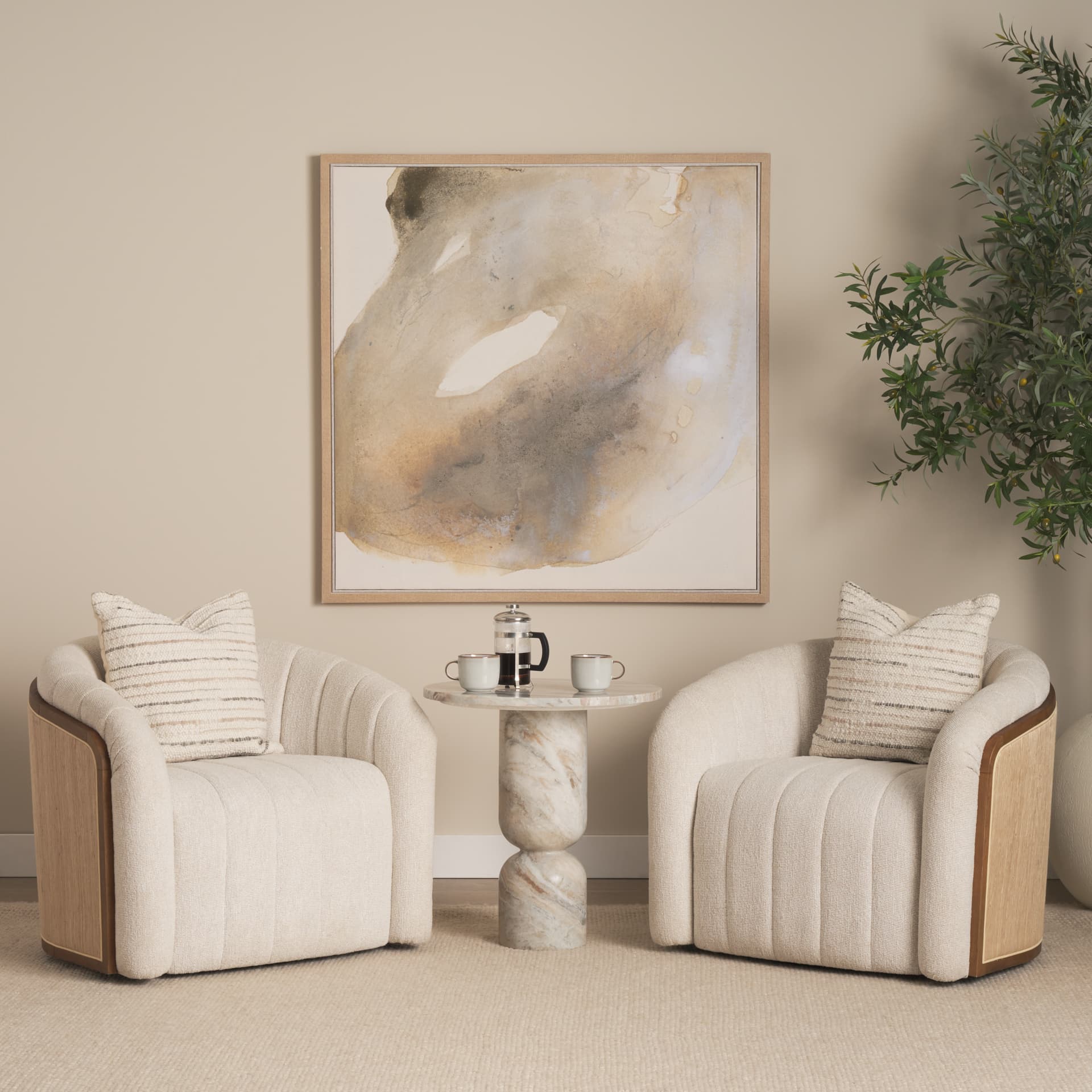 Fonda Cream Fabric w/ Natural Jute Swivel Accent Chair — product photograph