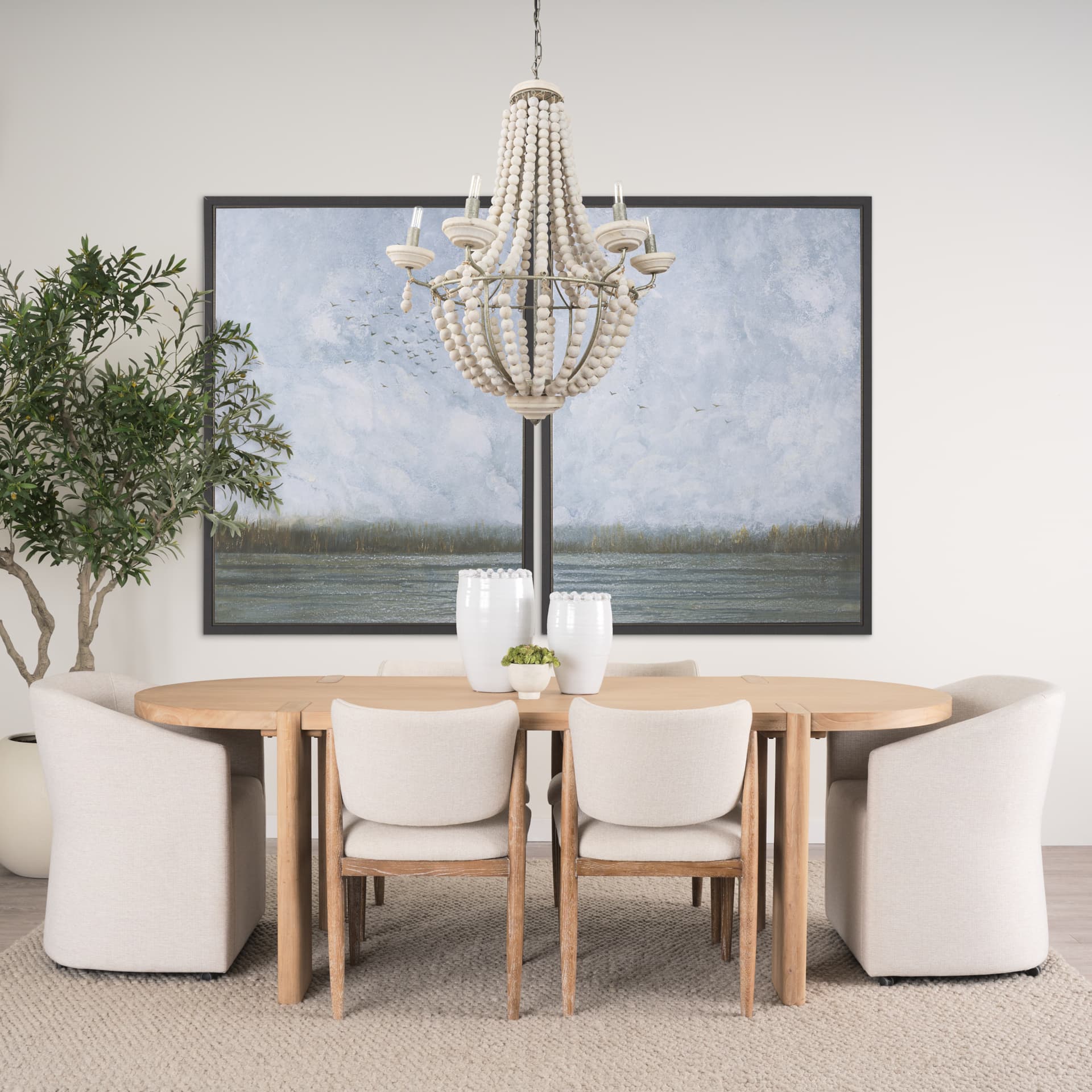 Phillum (29"x37") Silver Metal Chassis and White Wood Beaded Six Bulb Chandelier — product photograph