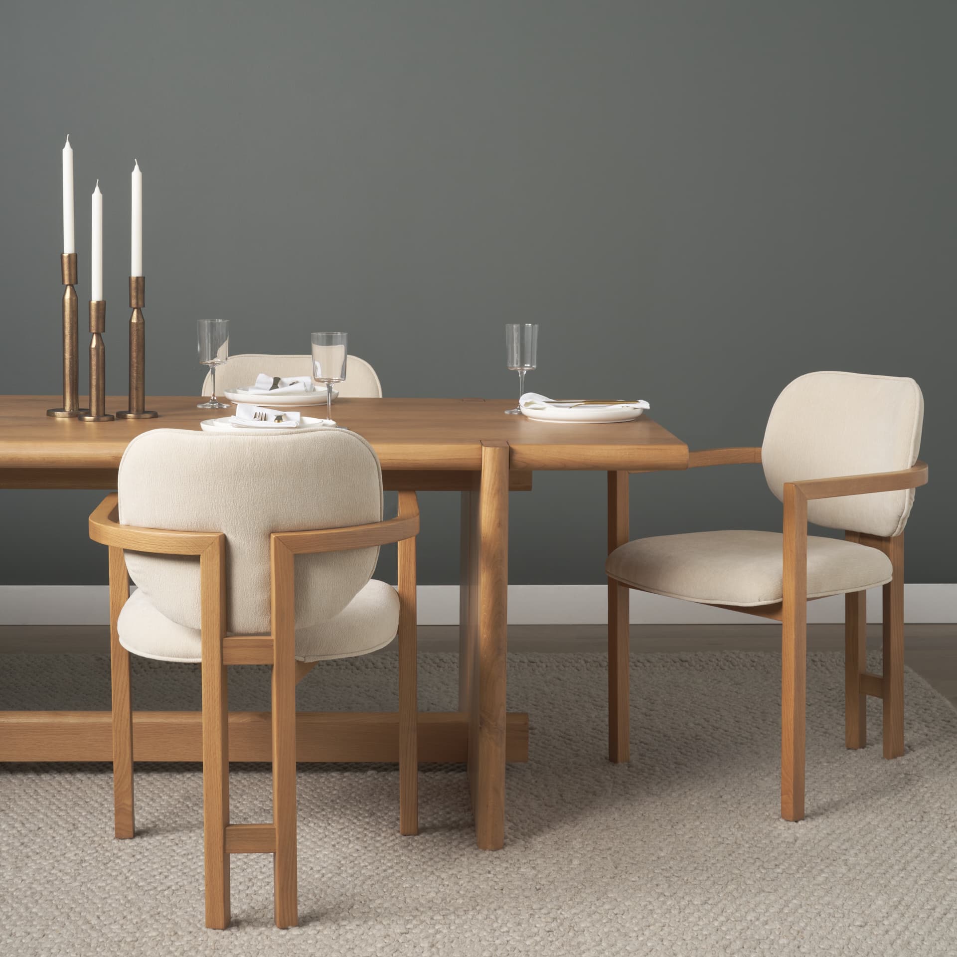 Carlisle Curved Back Dining Arm Chair | Cream Chenille w/ Brown Wood — product photograph