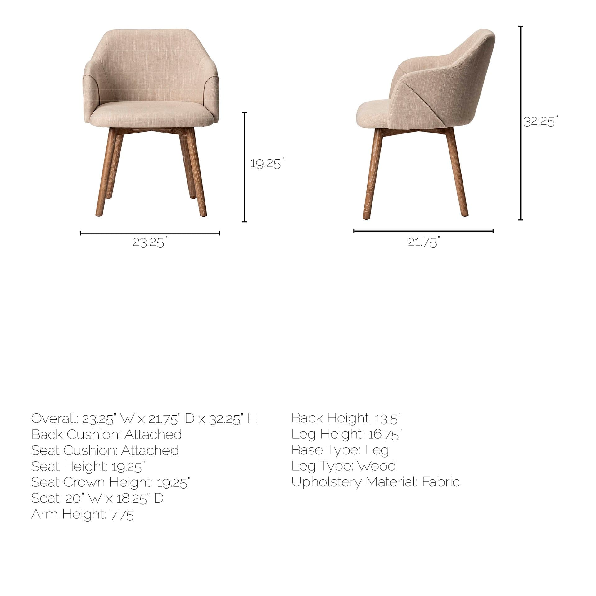 Ronald Curved Back Dining Side Chair | Cream Fabric w/ Brown Wood — product photograph