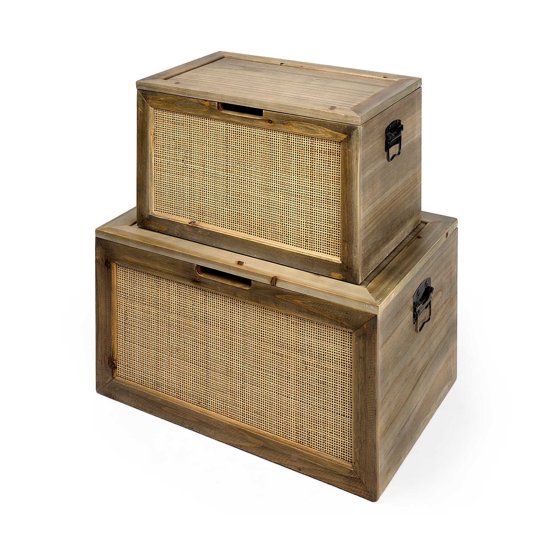 Sonny 23.6L x 15.7W x 13.8H Set of Two Brown Wood and Wicker W/ Metal Detail Rectangular Boxes — product photograph