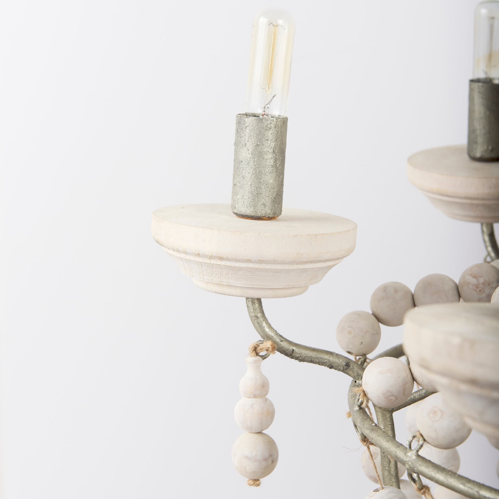 Phillum (29"x37") Silver Metal Chassis and White Wood Beaded Six Bulb Chandelier — product photograph
