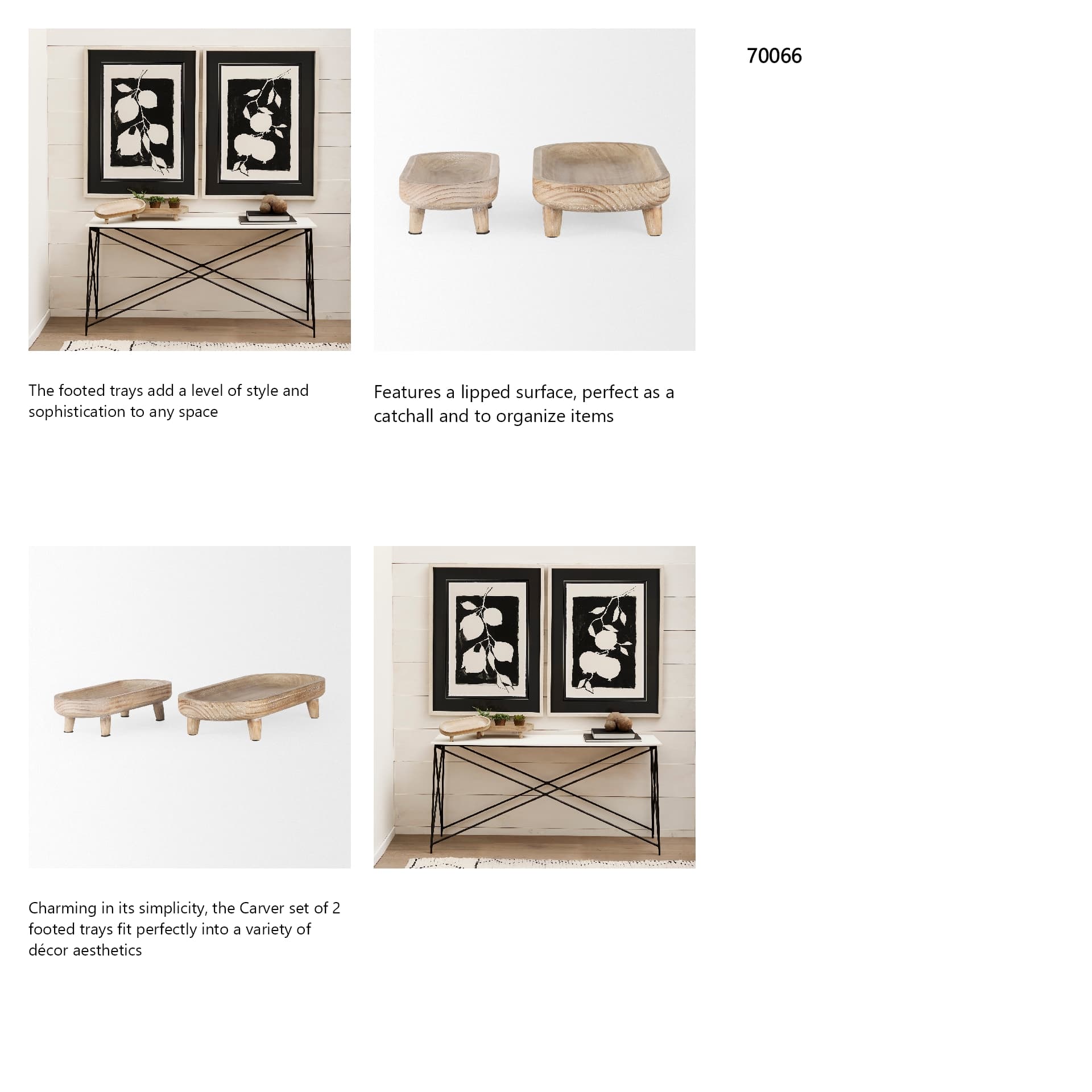 Carver Set of 2 Oblong White Washed Wood Footed Trays — in a styled room