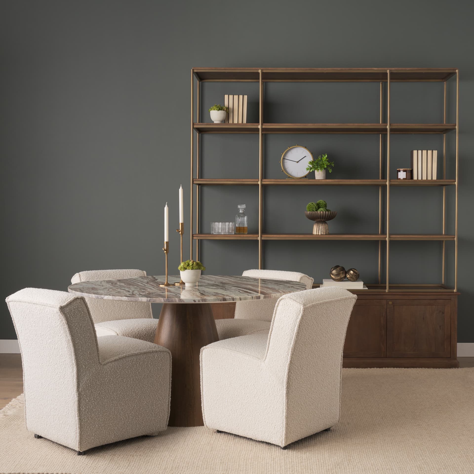 Allyson 54" Round Pedestal Dining Table | Savar Pink Marble & Brown Wood | Seats 6 — product photograph