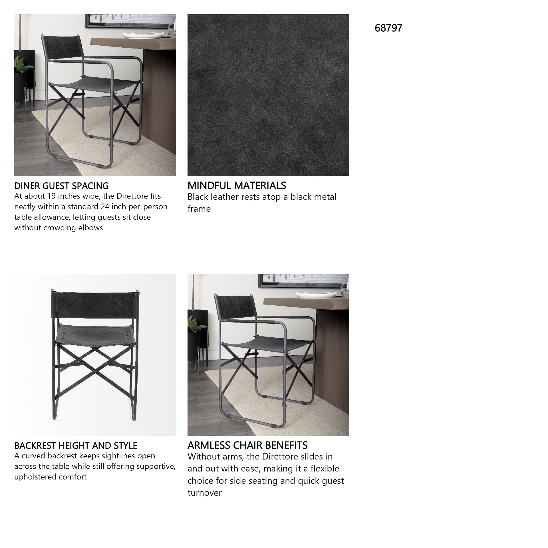 Direttore Curved Back Dining Side Chair | Black Leather w/ Black Iron — in a styled room