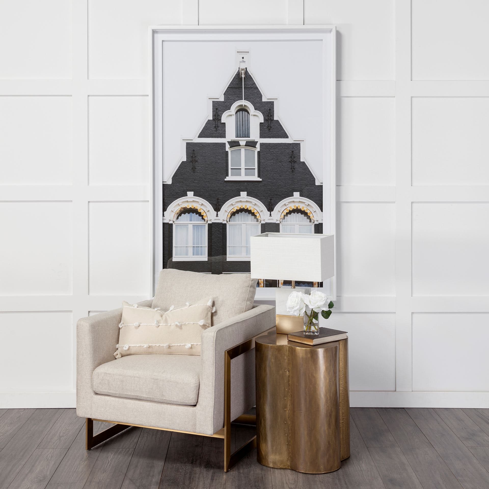 Quatrefoil 18L x 18W Gold Flower W/ Wooden Top Brass Cladding Accent Table — in a styled room