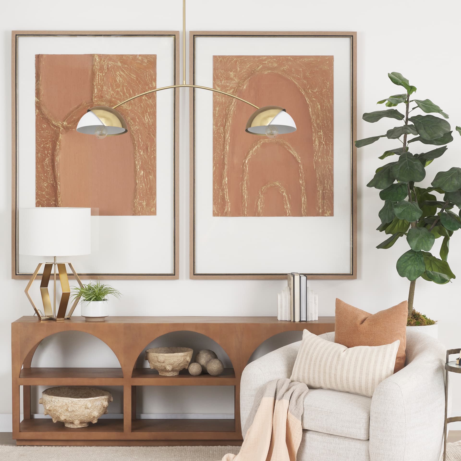 Cybill Brushed Brass w/ White Metal Shades 2-Light Chandelier — in a styled room