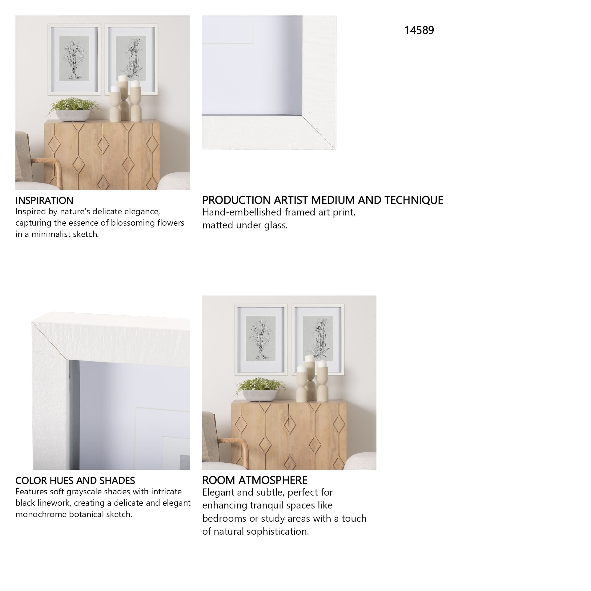 Botanical sketches IV (Grey) by Mercana Studio Hand Embellished Framed Art Print Matted under Glass — in a styled room