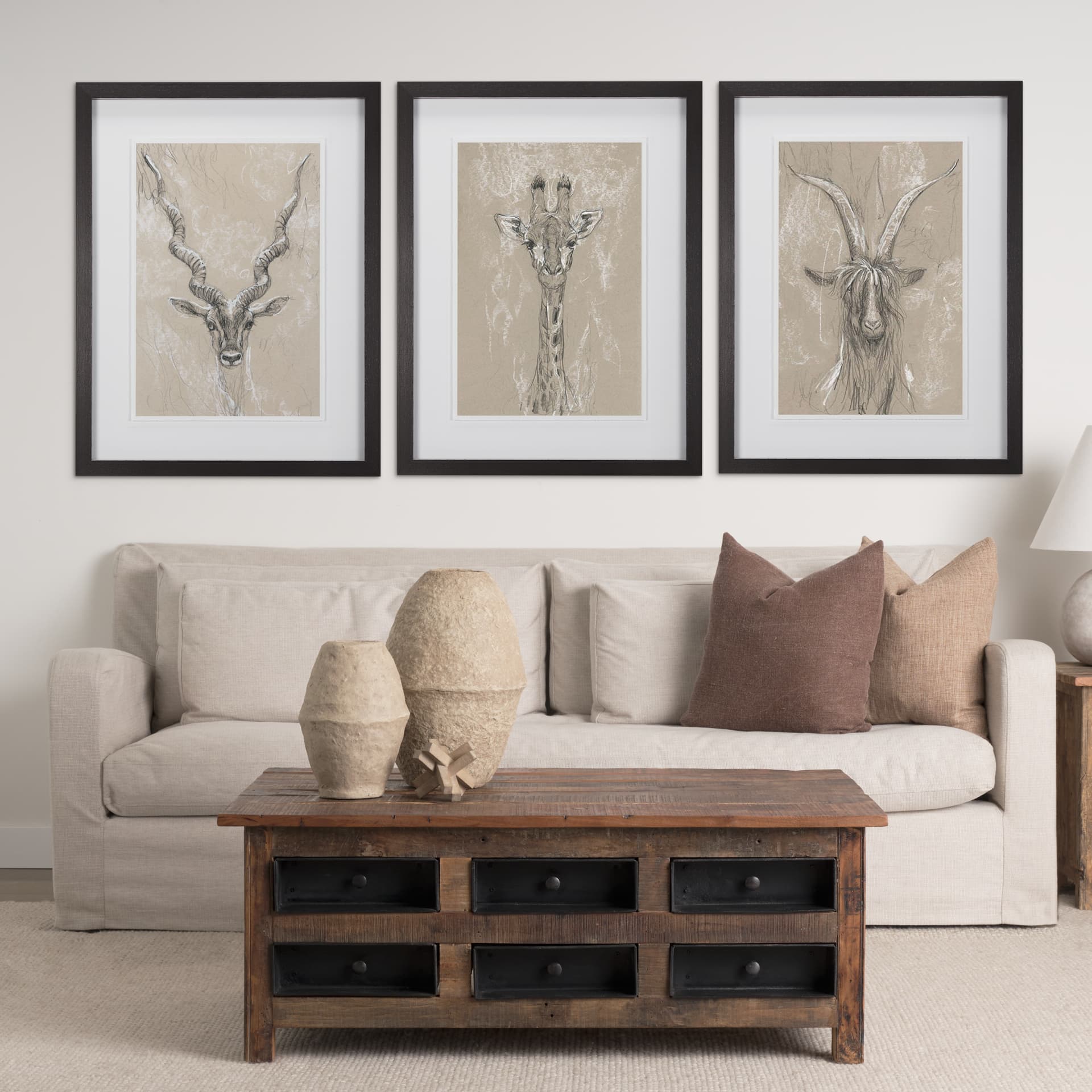 Sketch of Animal III (Antelope) Mercana Studio Hand Embellished Framed Art Print Matted under Glass — in a styled room