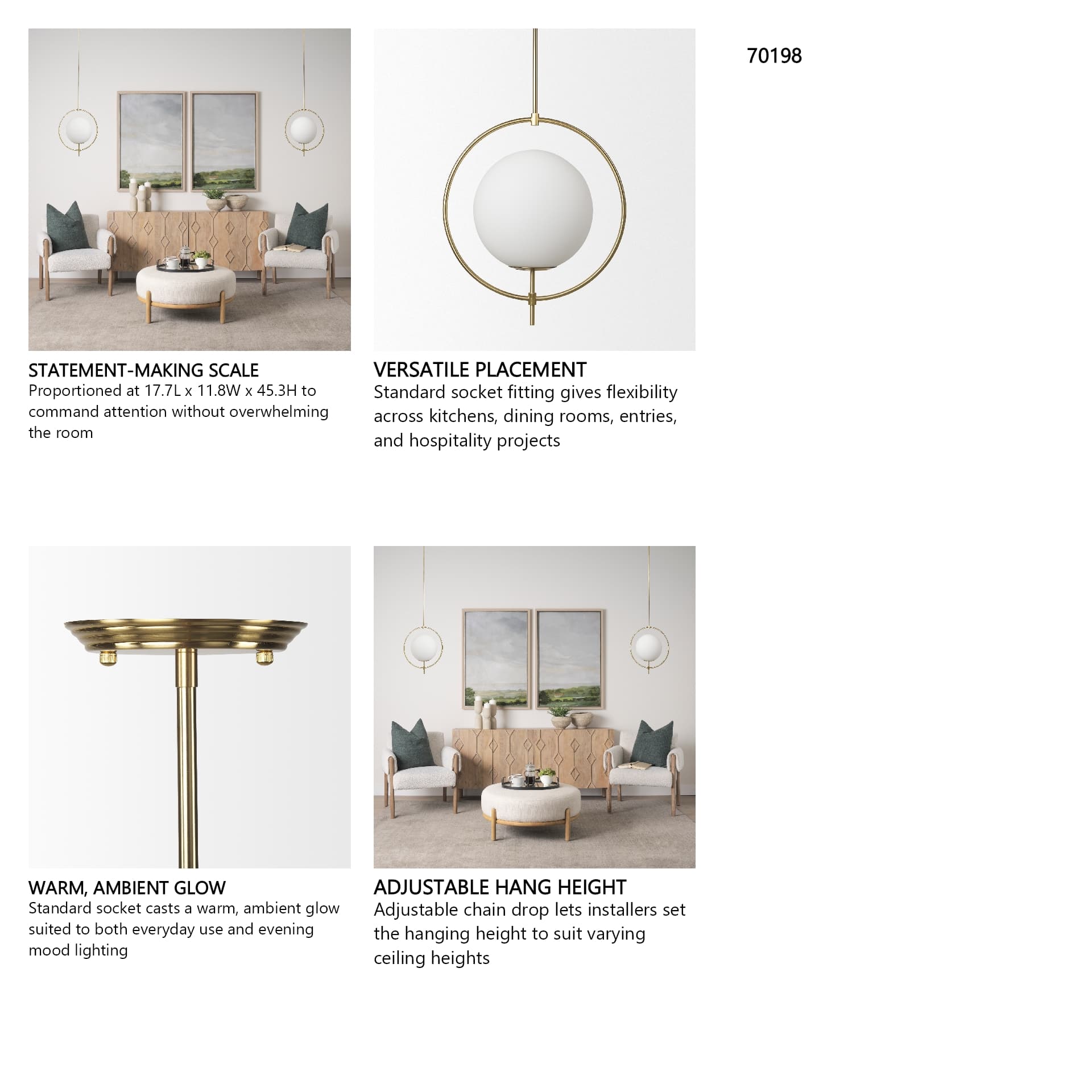 Farrah Frosted Glass Globe w/ Gold Metal Pendant Light — in a styled room