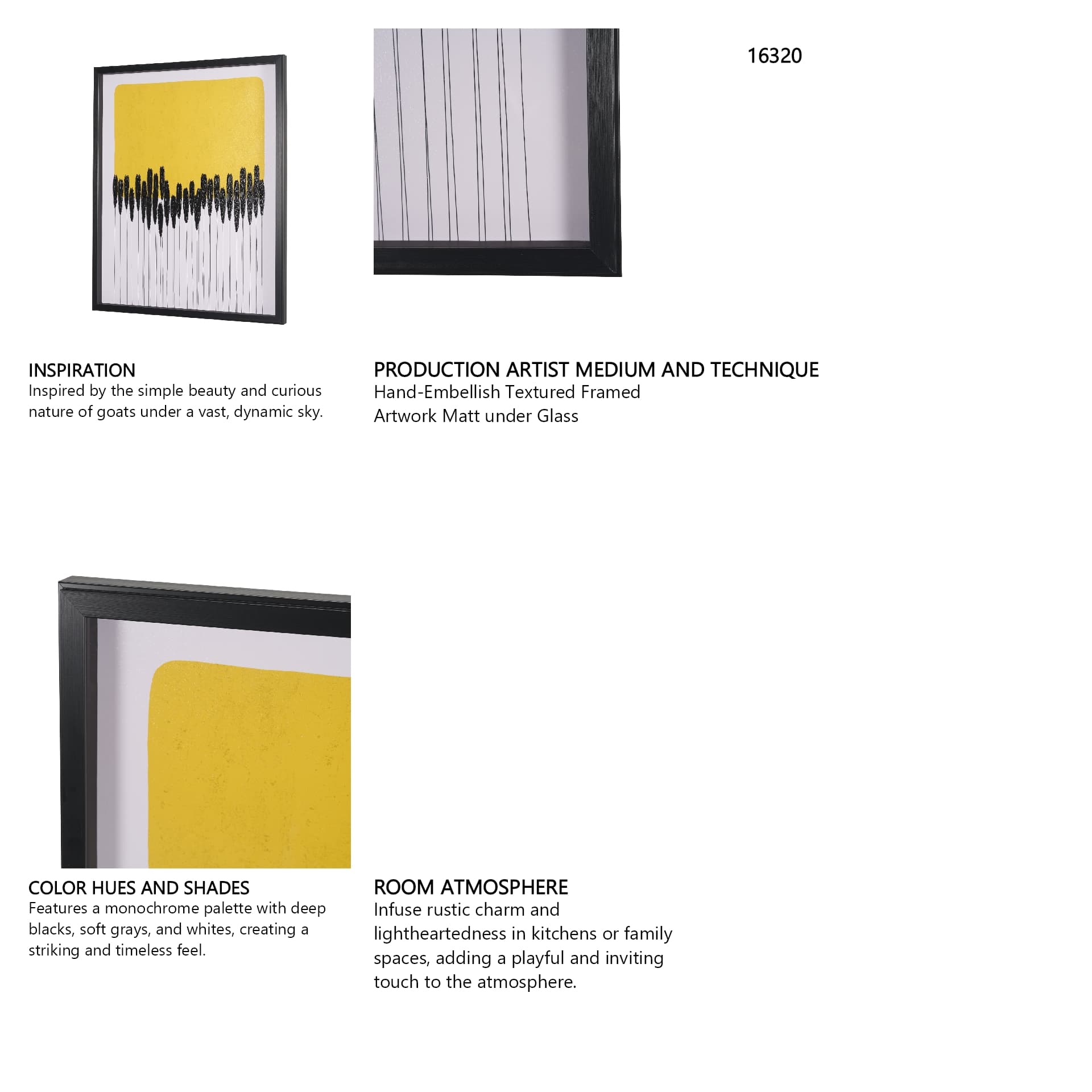 Black Reeds Yellow Abstract by Cats And Dogs Hand-Embellish Textured Framed Artwork Matt under Glass — in a styled room