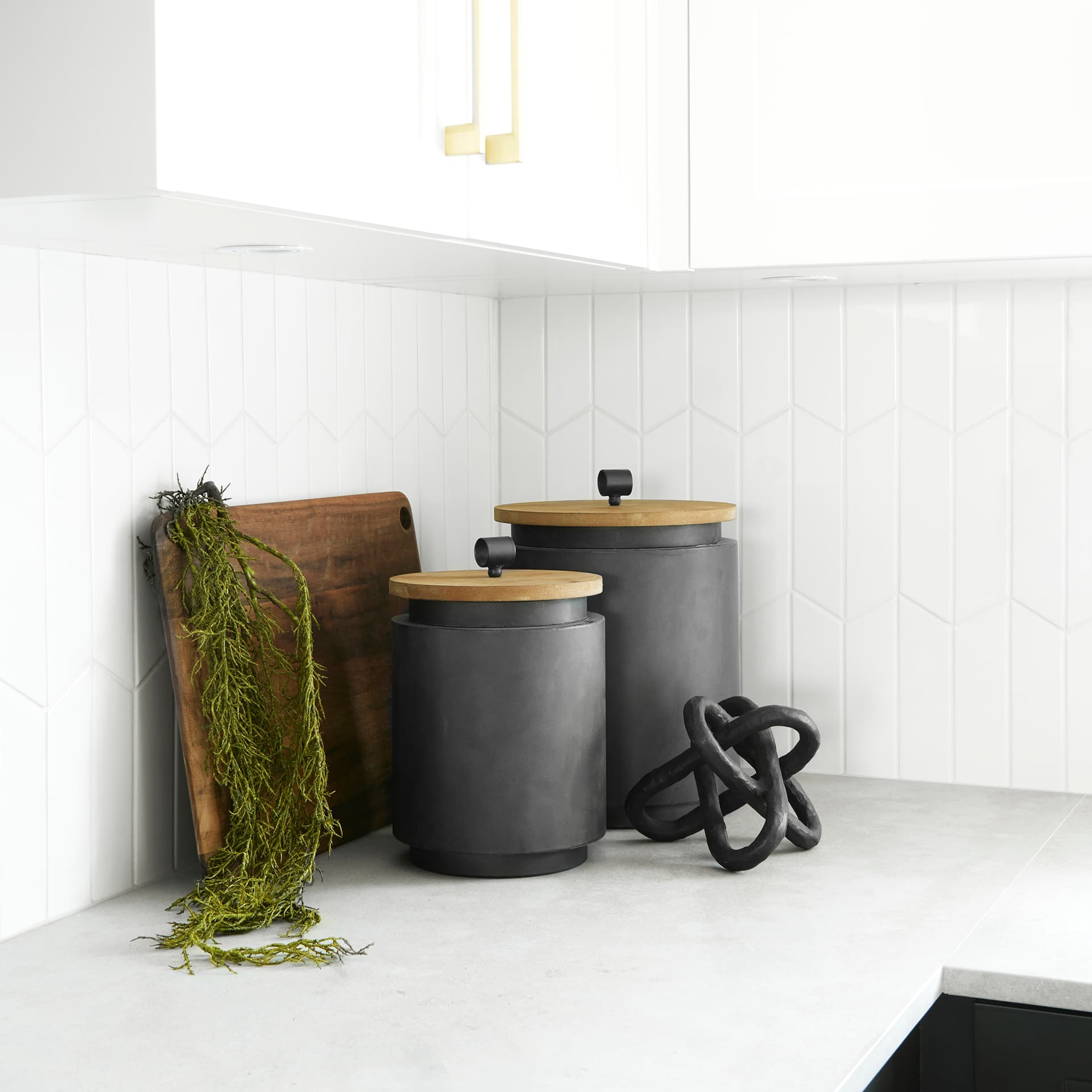 Cyril (Set of 2) Gray Metal W/ Brown Wood Lids Jars — product photograph
