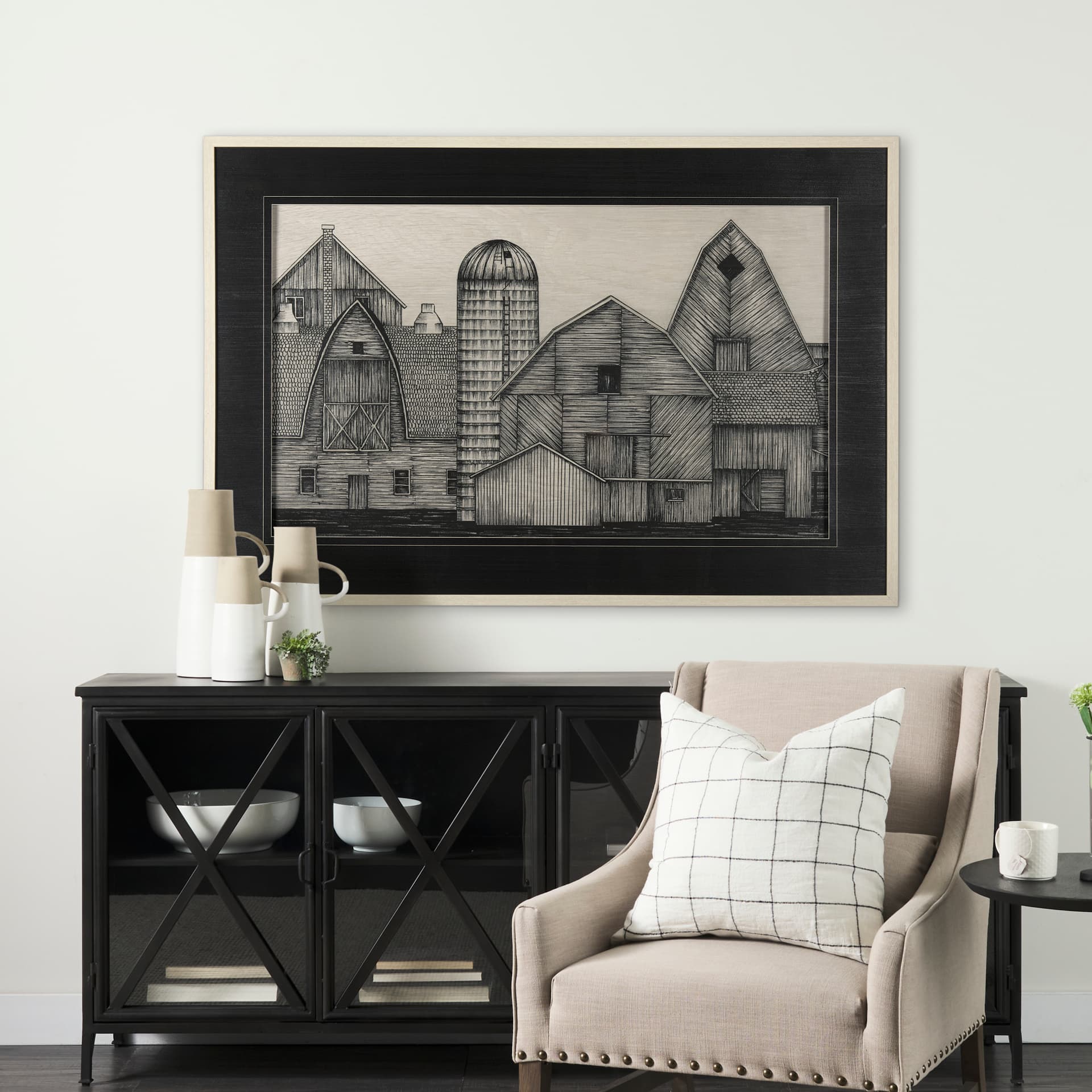 Barn Buildings II by CV a Hand Embellished Textured Framed Art Print Matted under Glass — in a styled room