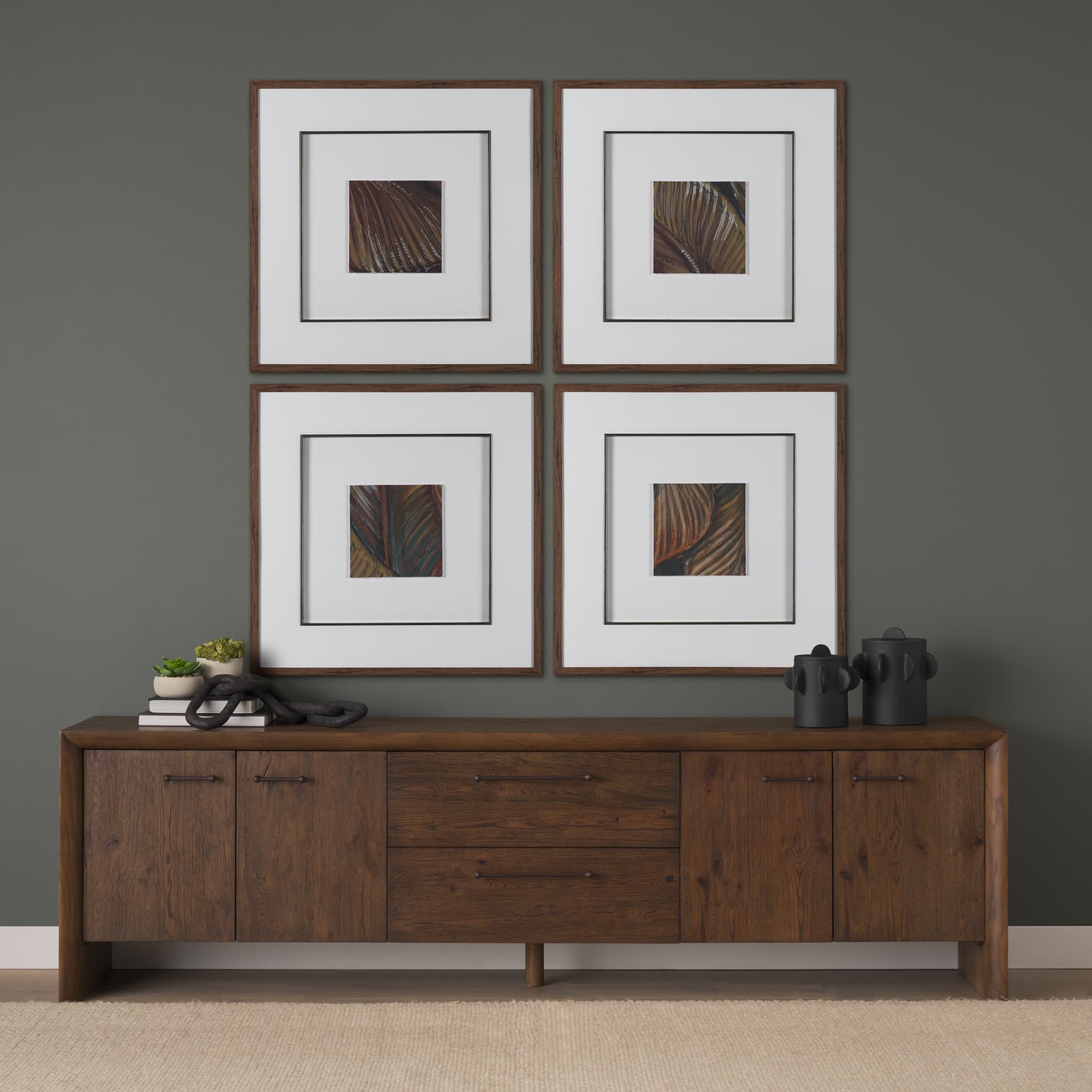 Belford 94" Dark Brown Oak Wood Media Console — in a styled room