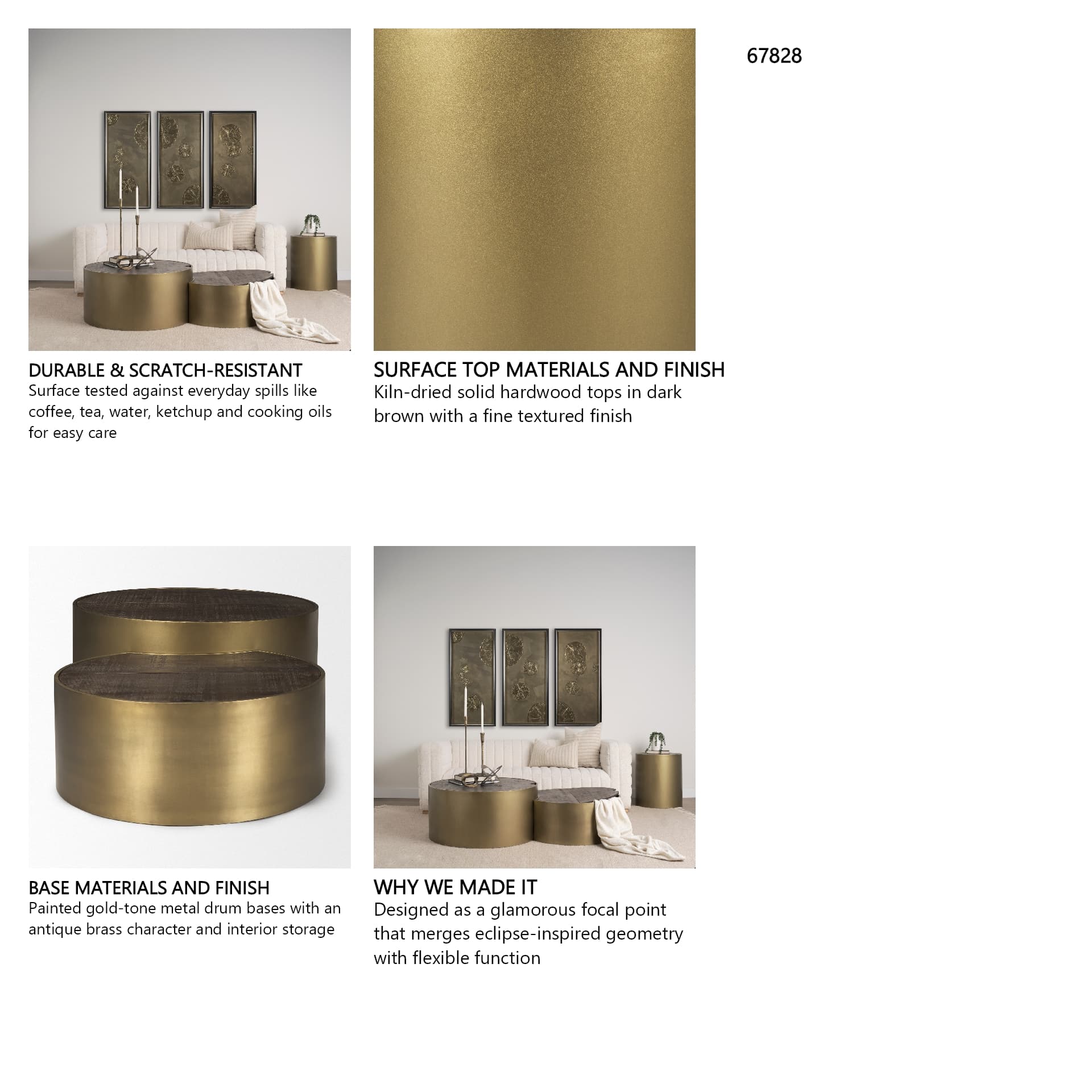 Eclipse Antique Brass Metal Drum Base w/ Dark Brown Wood Top Nested Coffee Table — in a styled room