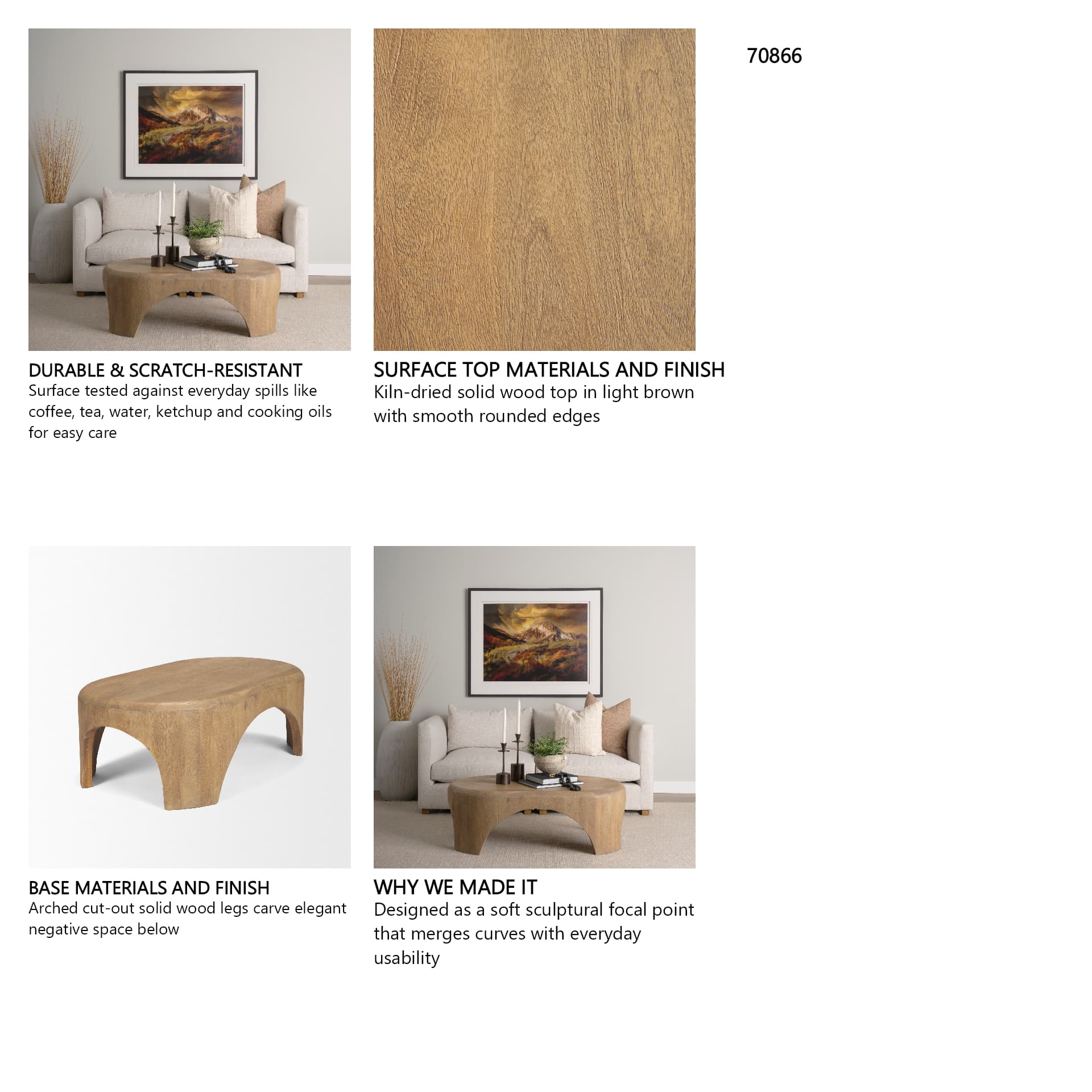 Shima Oval Light Brown Wood w/ Arched Legs Coffee Table — in a styled room