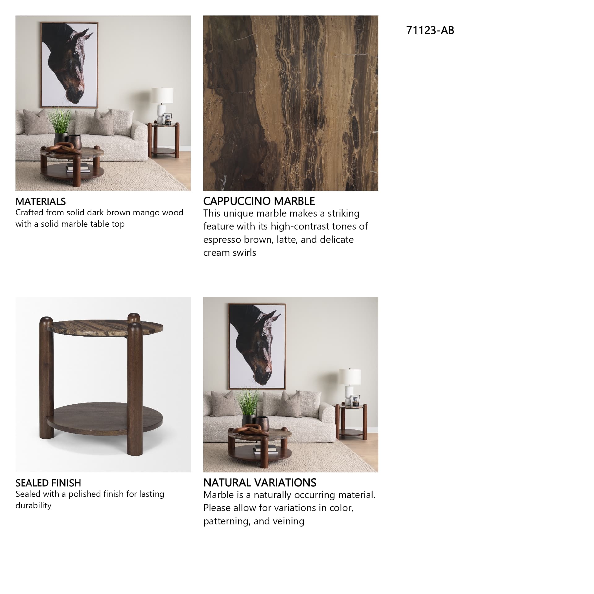 Jovia Brown Mango Wood W/ Cappuccino Marble Round Side Table — in a styled room