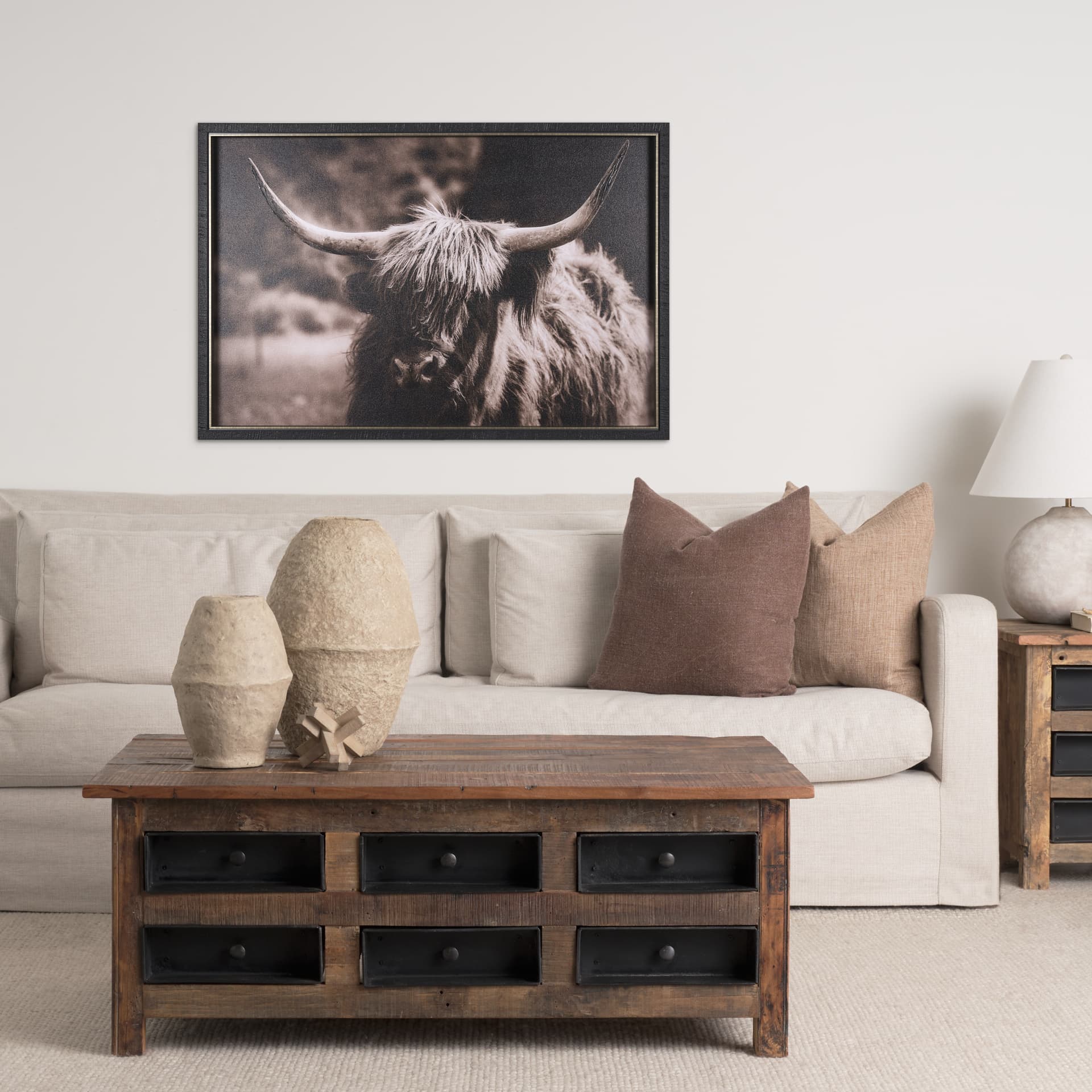 Highland Stare by Chad Mackay a Hand Embellished Textured Framed Photo Art Print — in a styled room