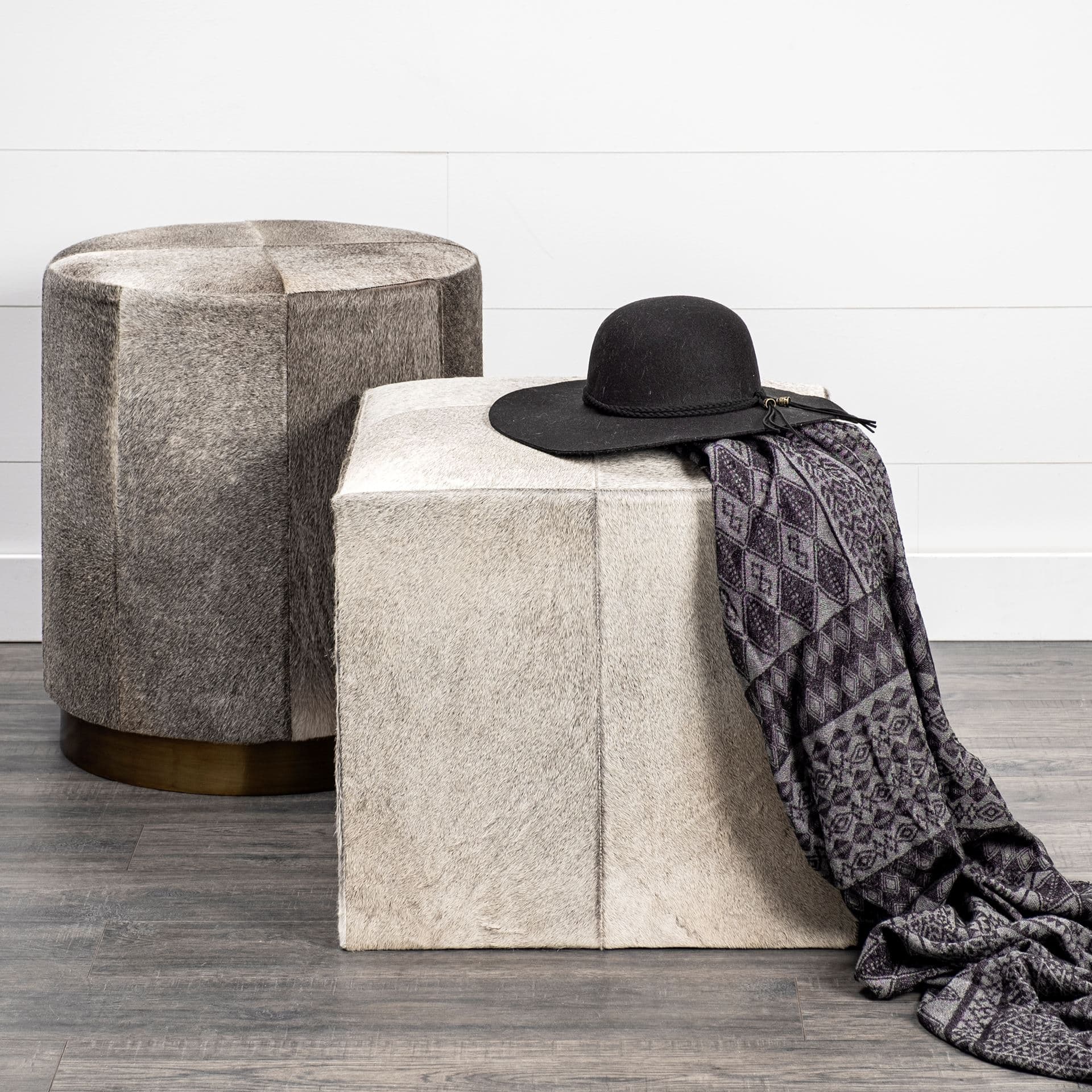 Zahavi I 20" Grey-toned hair-on-hide ottoman — product photograph