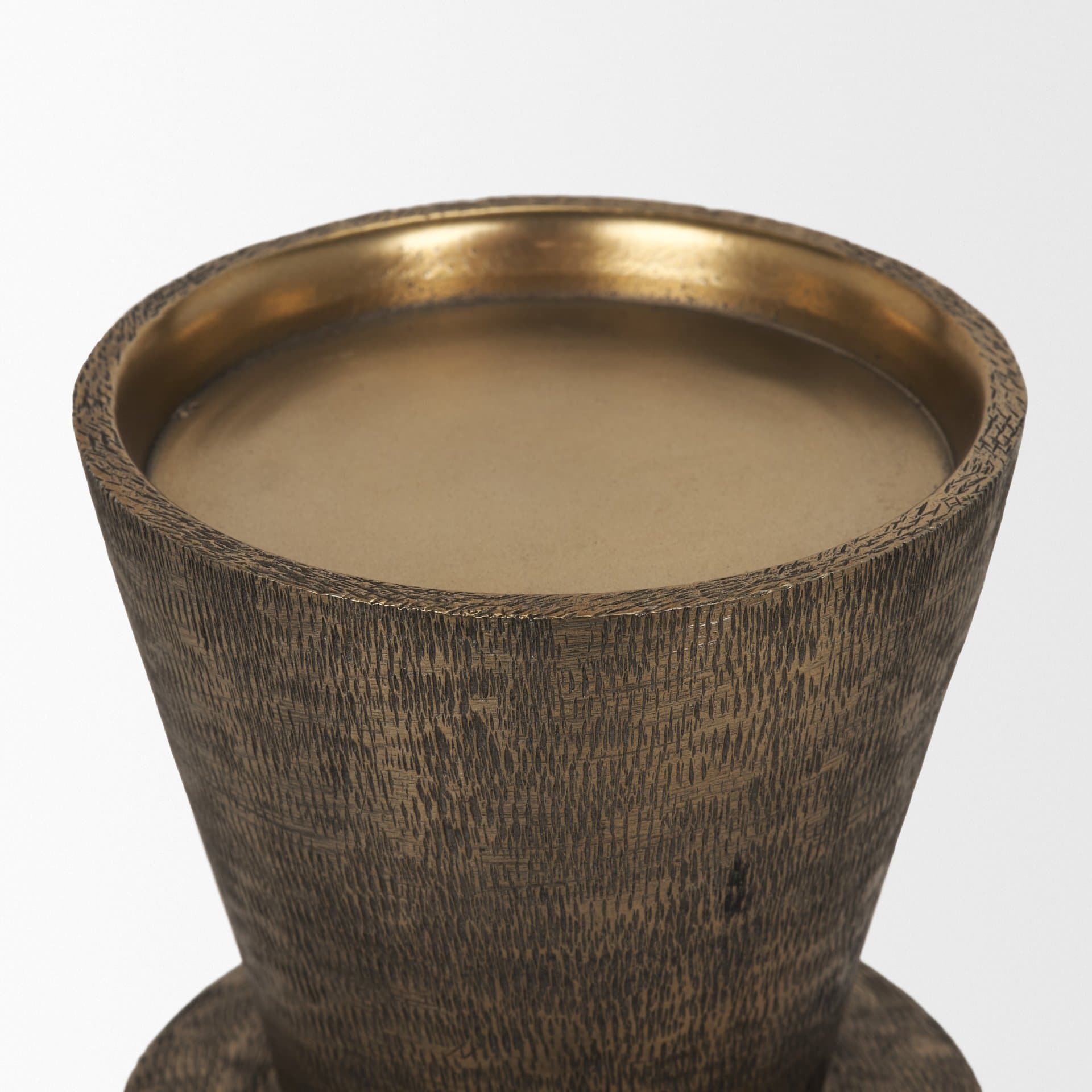 Odilia Large Textured Antiqued Gold Metal Geometric Pillar Candle Holder — product photograph