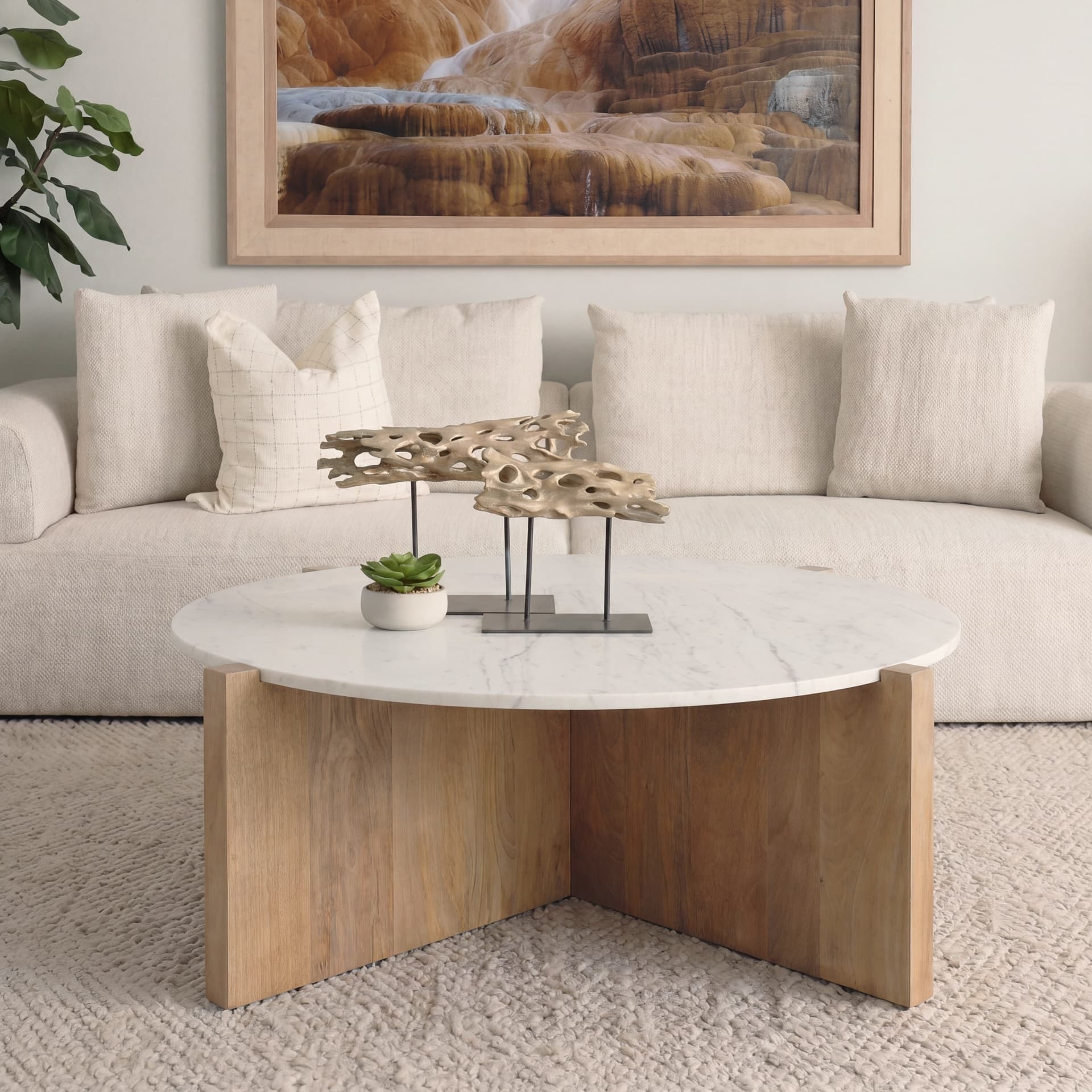 Bianca Light Brown Wood w/ Round Marble Top Coffee Table — product photograph