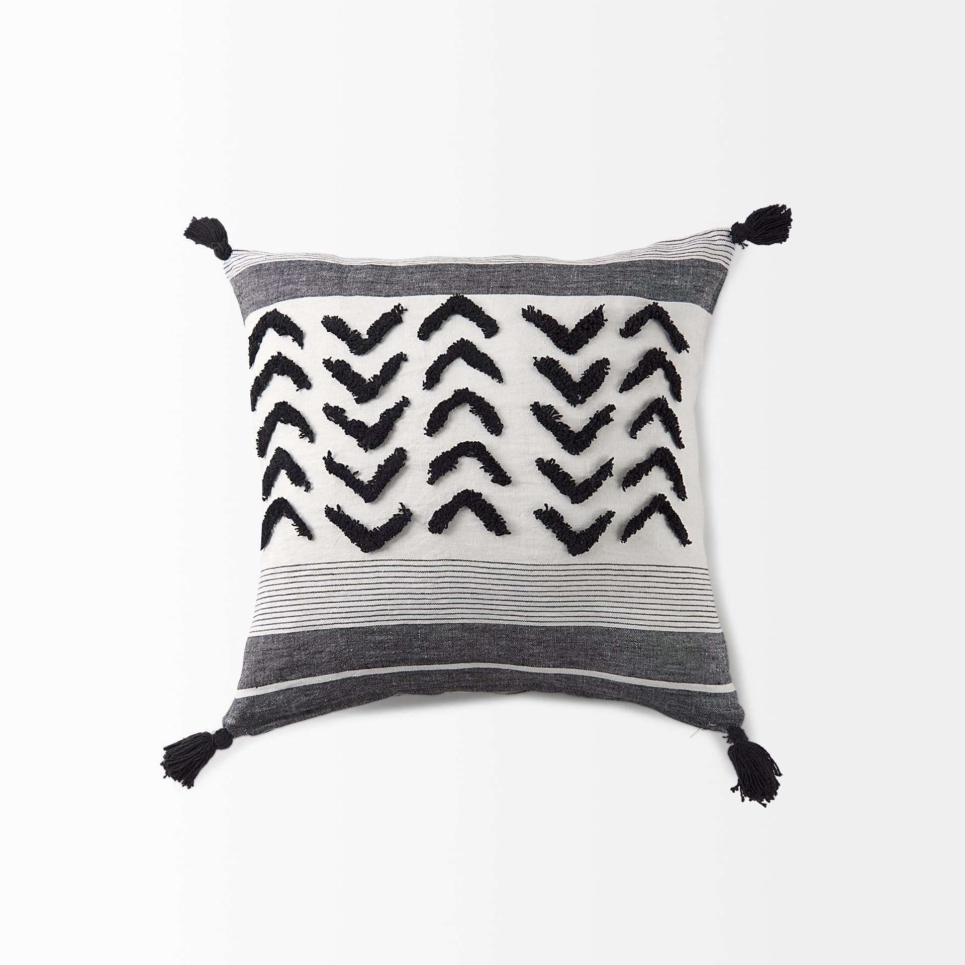 Kimia 20x20 White/Black Fabric Herringbone w/Fringed Pillow Cover — product photograph