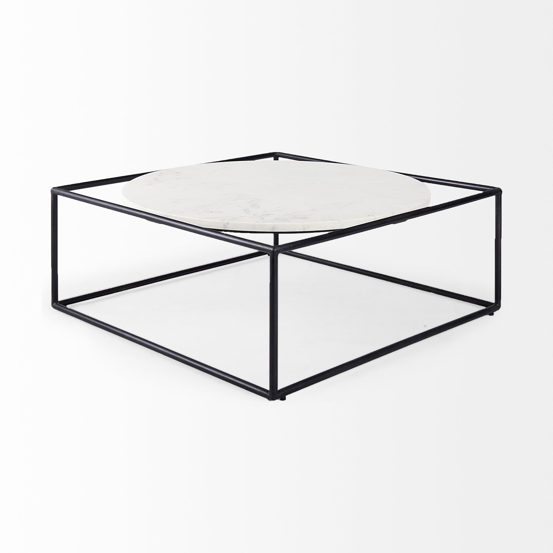 Austen 36L x 36W x 14.5H Round White Marble Top W/ Black Metal Frame Coffee Table — product photograph