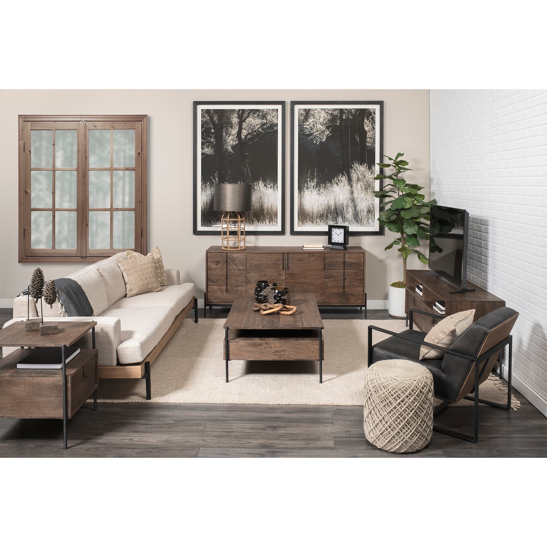 Glenn II 54x30 Dark Brown Wood w/ Black Iron Frame, Rectangle 3 Drawers Coffee Table — product photograph