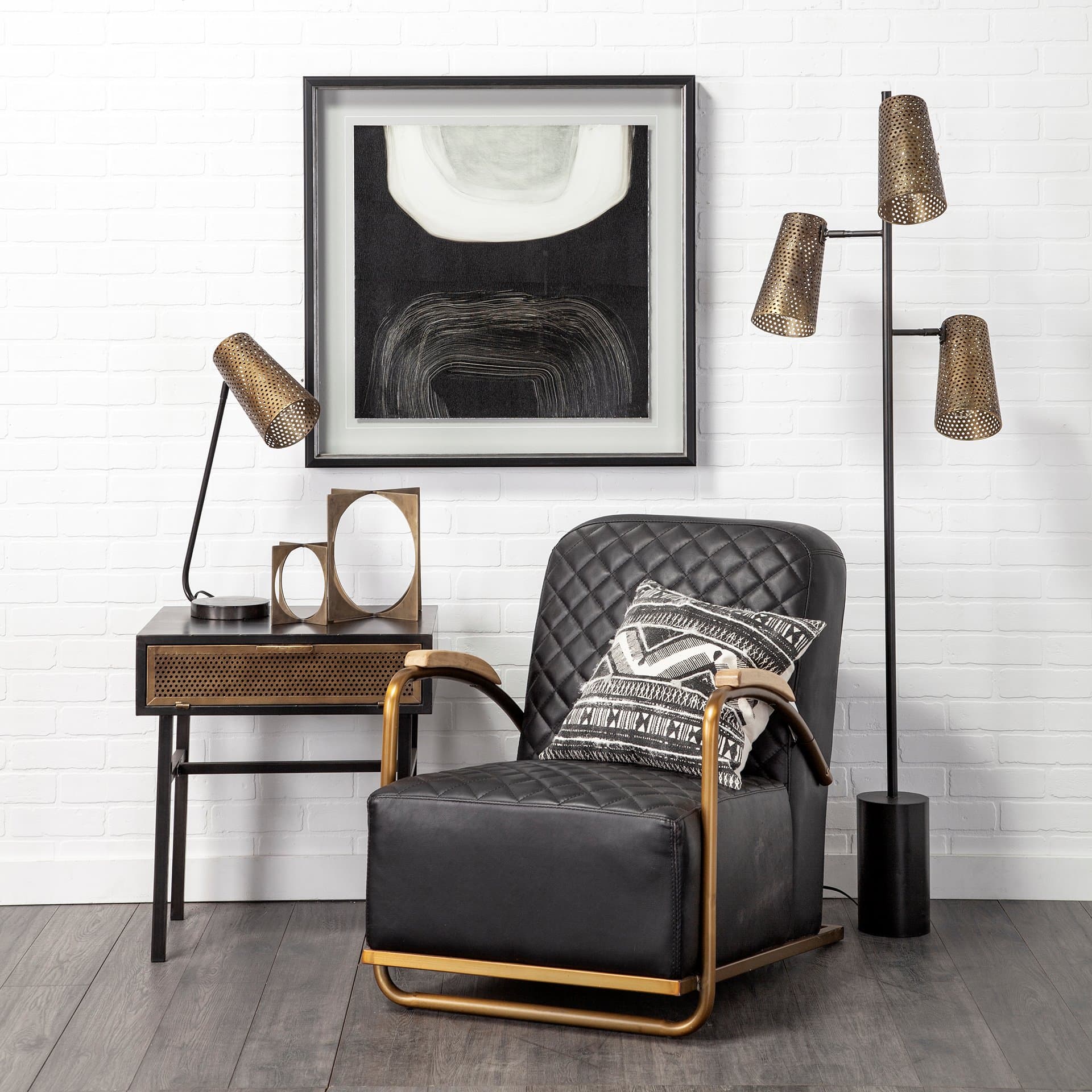 Wesley II (22.4"H) Gold/Black Perforated Metal Shade Table Lamp — in a styled room