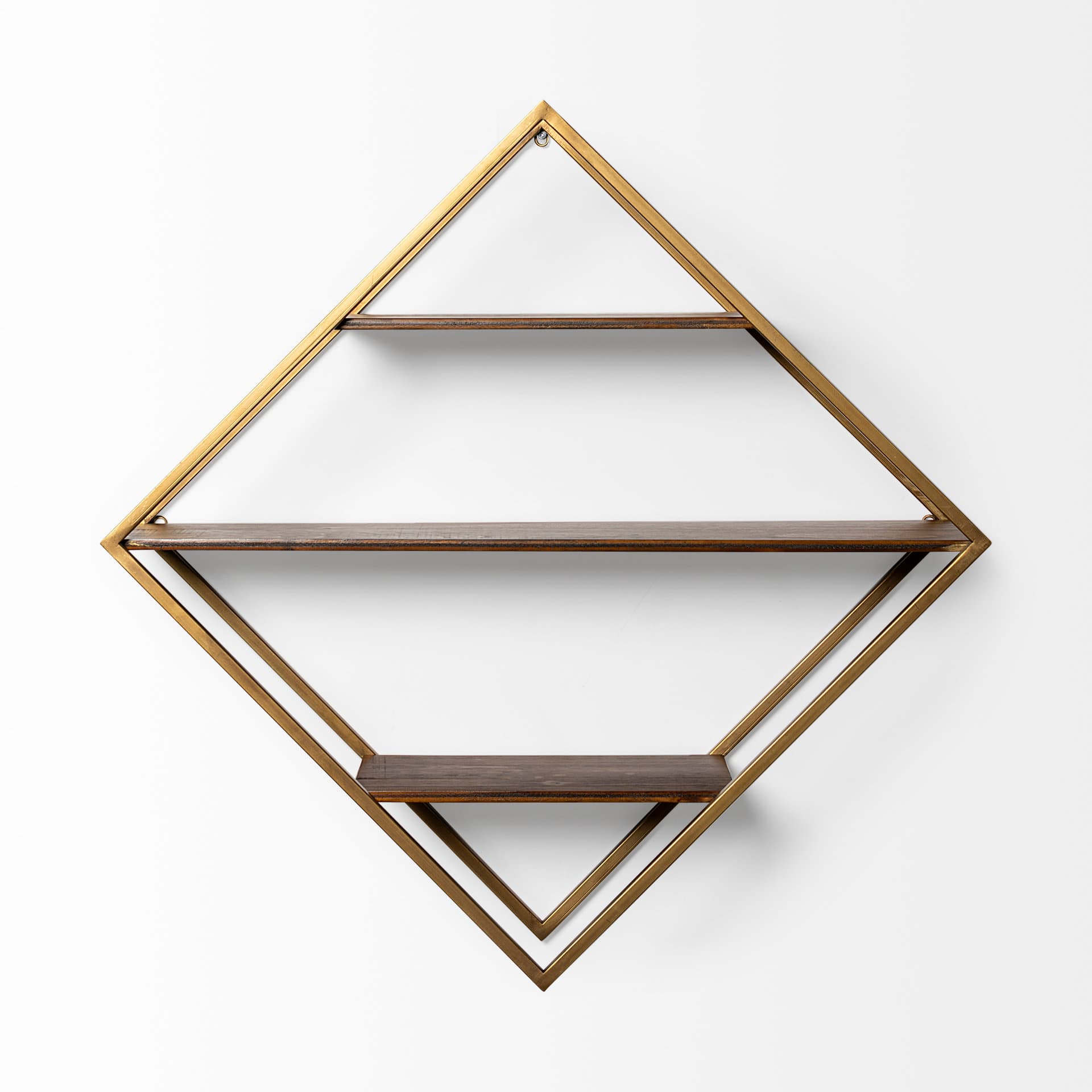Neil I Diamond Shape Wall Mounted Brass Frame w Three Wood Wall Shelves — product photograph