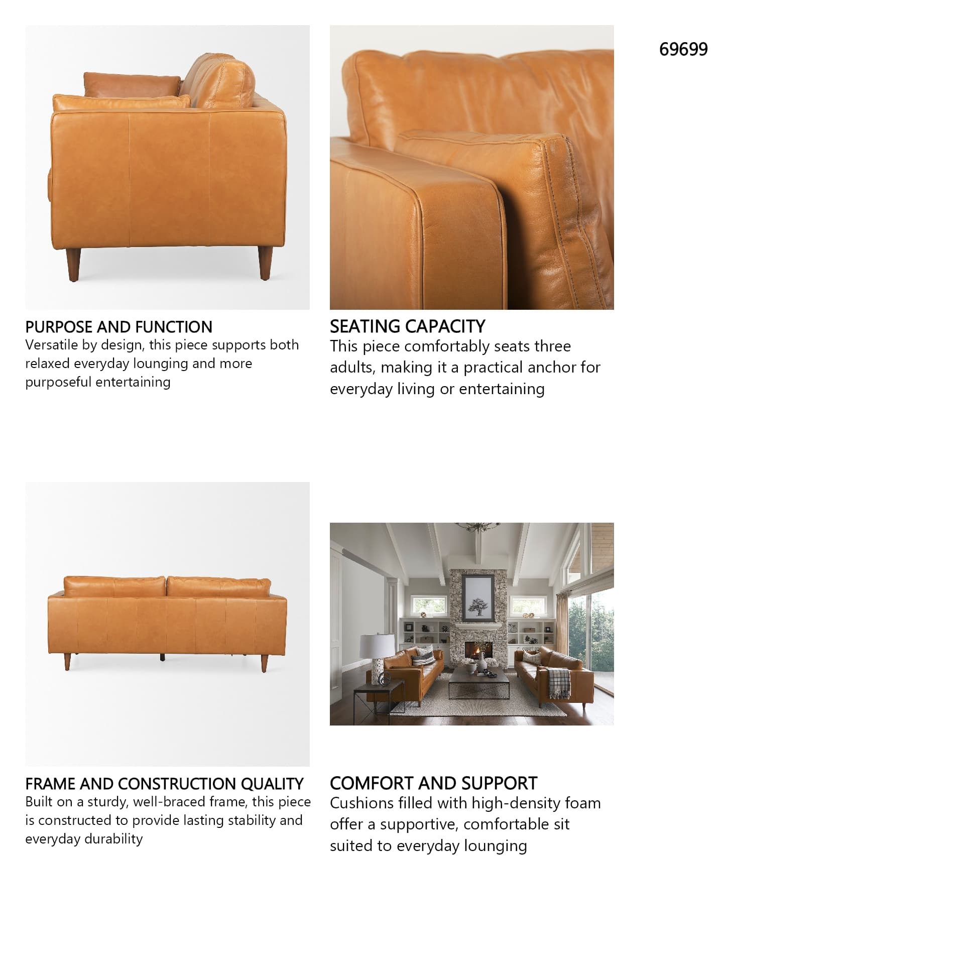 Elton 87.8L x 37.8W x 34.6H Tan Leather Sofa — in a styled room
