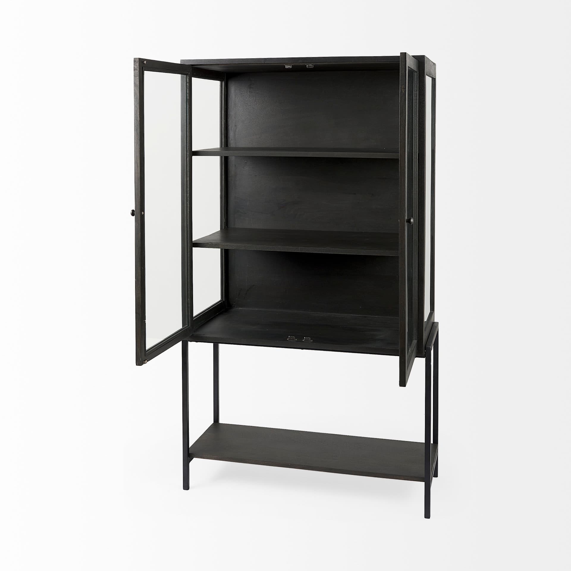 Arelius 36L x 18.75W x 63H Black-Brown Wood W/ Black Metal Base Display Cabinet — product photograph