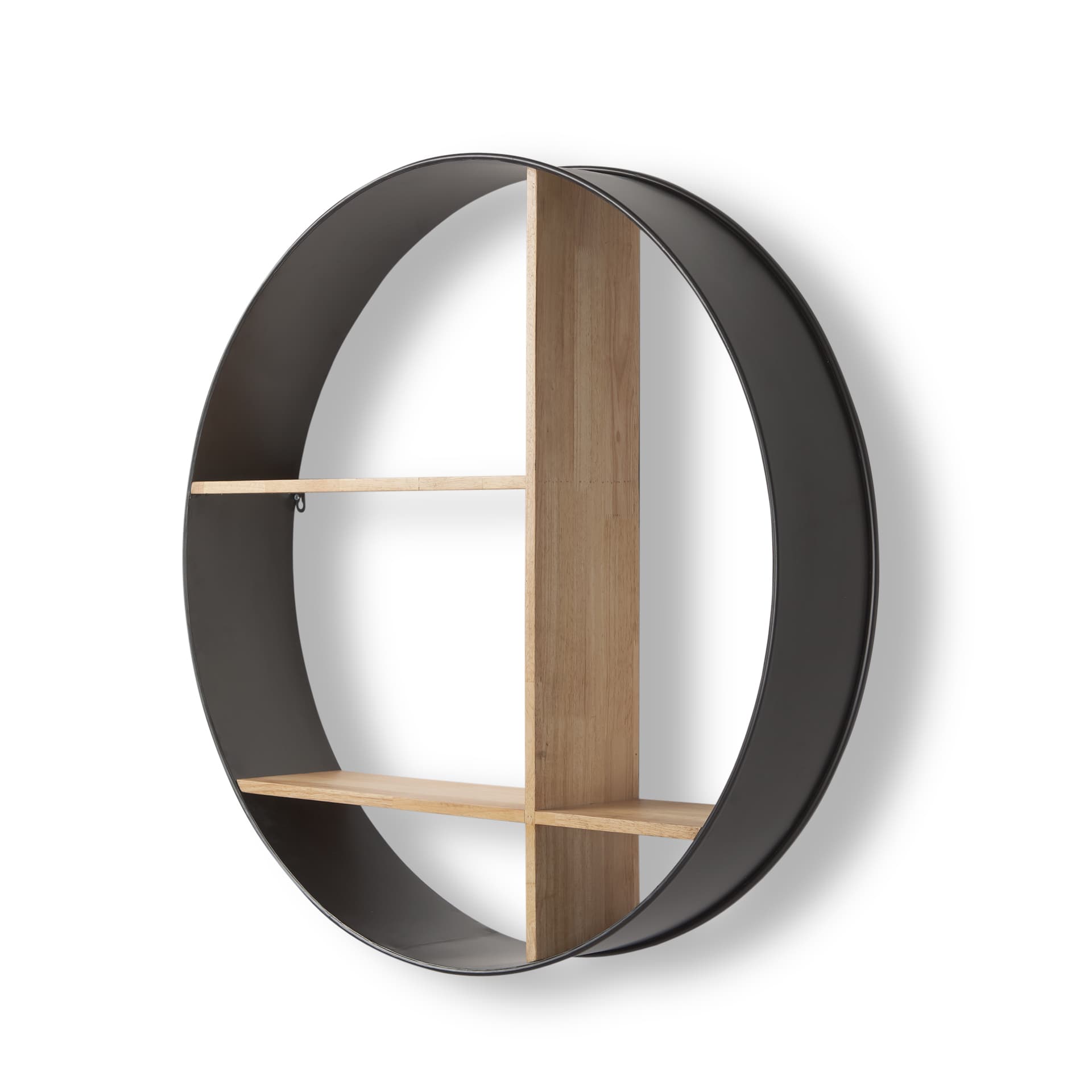 Hector 36.0L x 7.0W x 36.0H Brown Wood W/ Black Metal Round Wall Shelf — product photograph