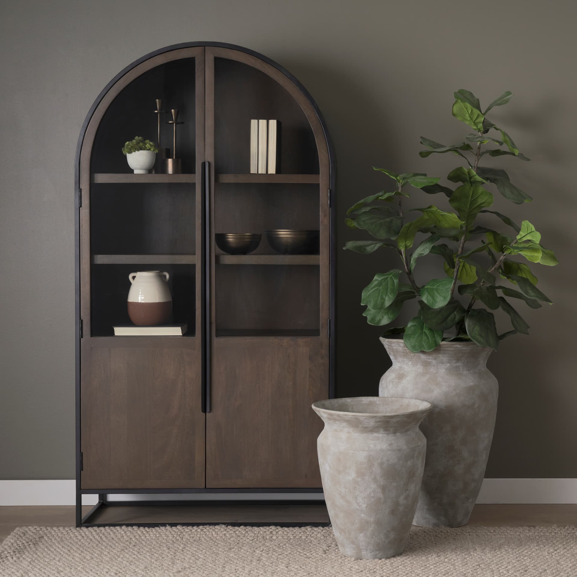 Sloan 42W x 80H Dark Brown Wood W/Black Metal Arched Curio Cabinet — product photograph