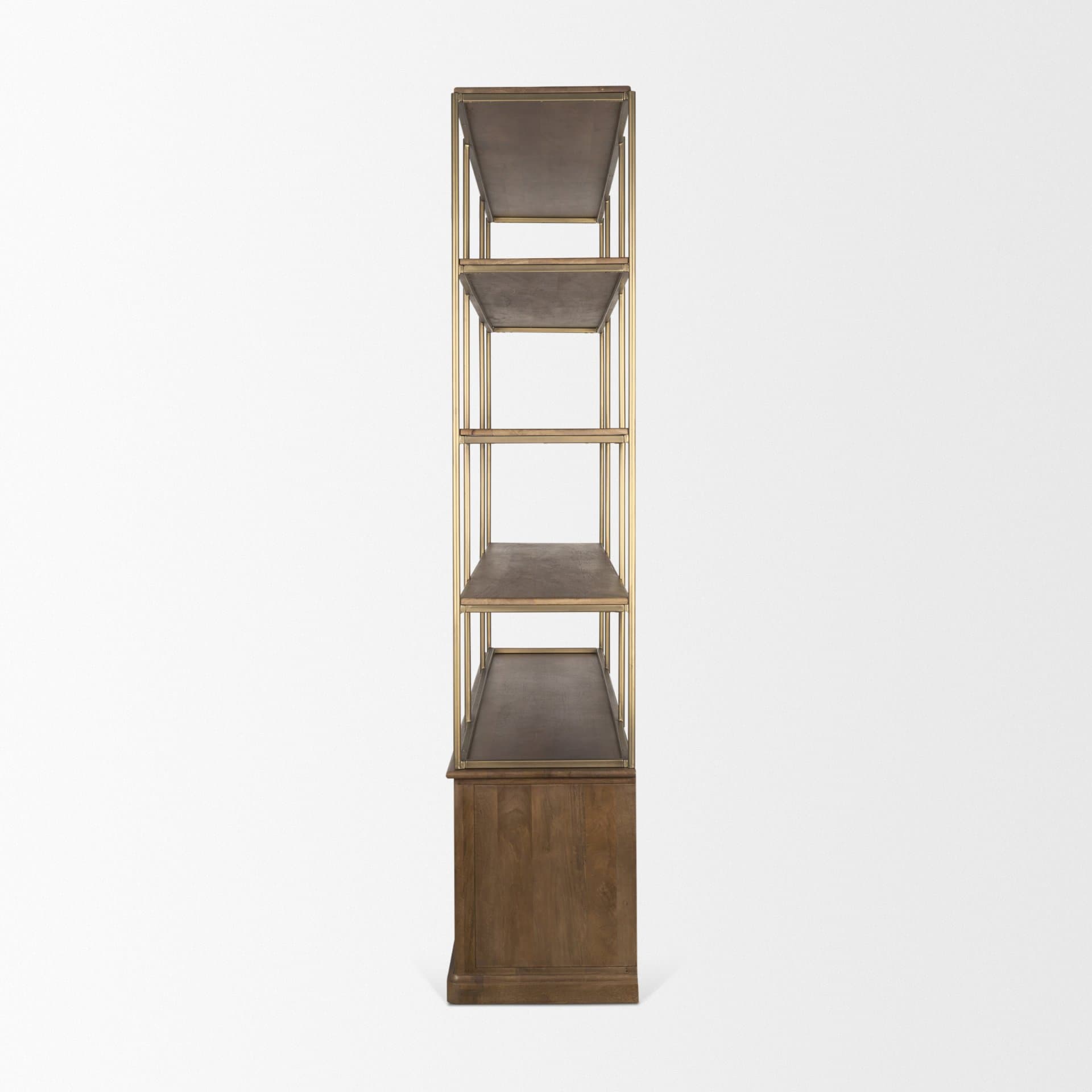Baron 4-Door Dark Brown Wood w/ Antique Brass Metal Open Shelving Unit — product photograph