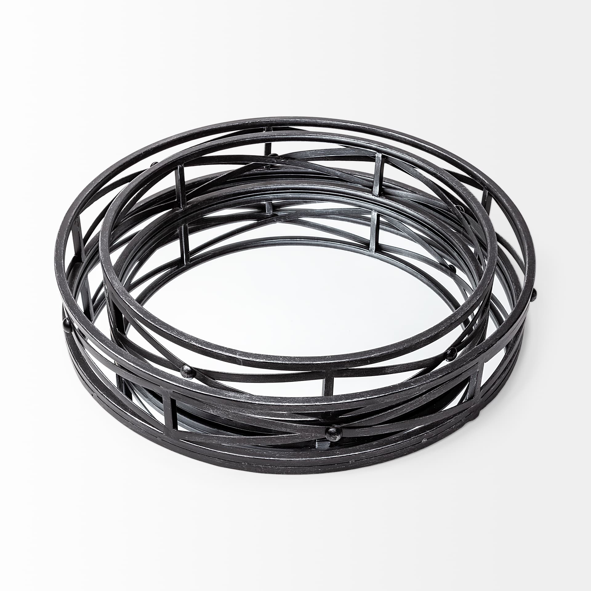 Piers (Set of 2) Black Metal Mirrored Round Trays — product photograph
