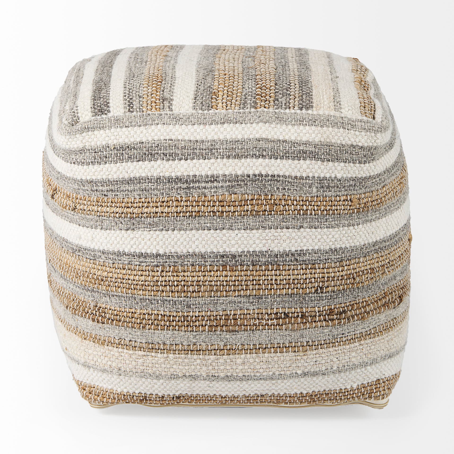 Aahana 16.0L x 16.0W x 16.0H White/Taupe/Gray Striped Hemp and Cotton Pouf — product photograph