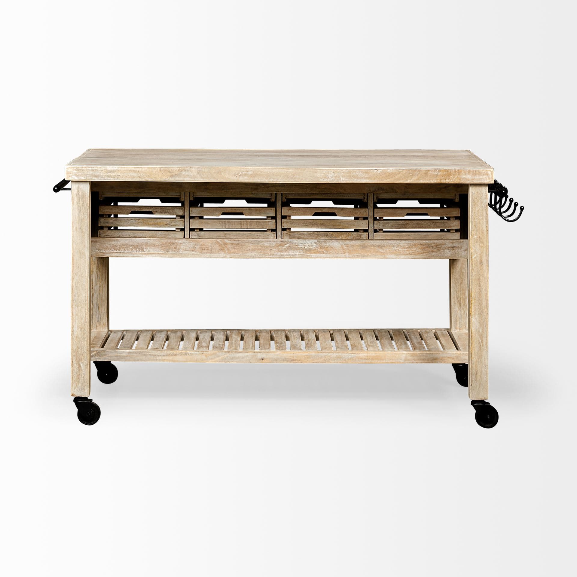 Columbia 62L x 28W x 36H I Light Brown Body w/ Black Iron Knobs Rolling Kitchen Island — product photograph