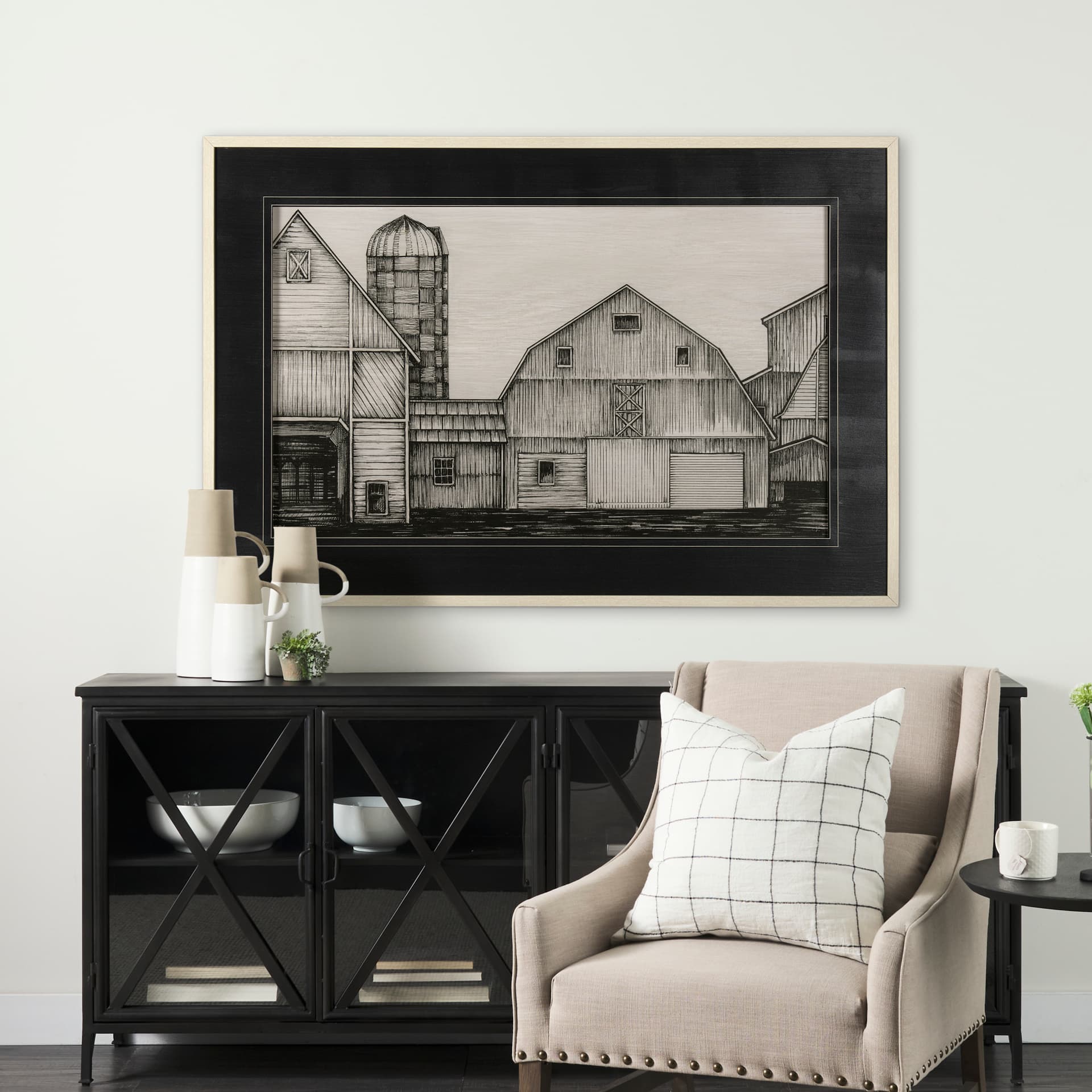 Barn Buildings I by CV a Hand Embellished Textured Framed Art Print Matted under Glass — in a styled room