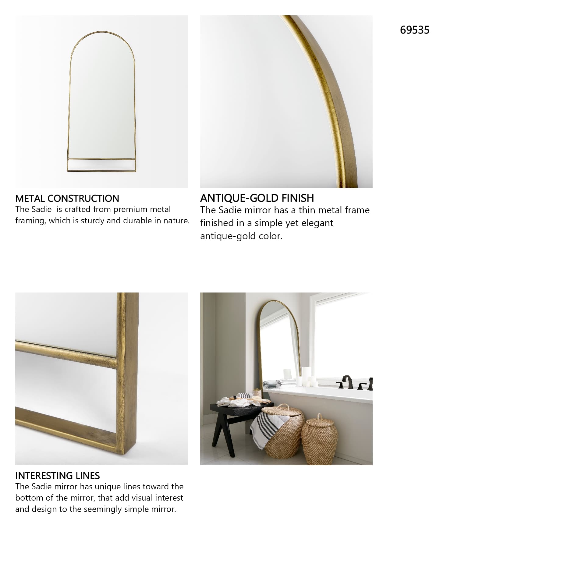 Sadie 36.0L x 2.0W x 76.0H Antique Gold Metal Rounded Arch Floor Mirror — product photograph