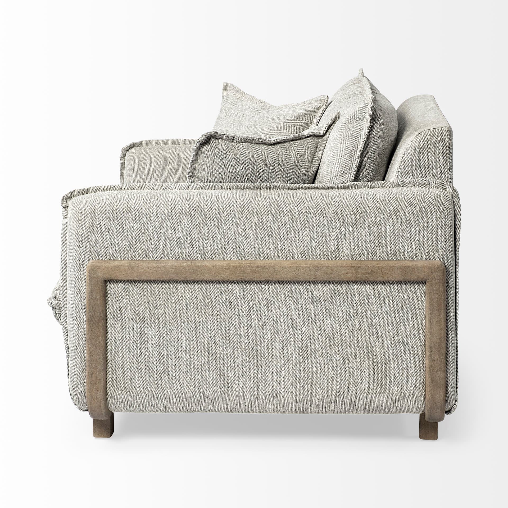 Roy II Frost Gray Upholstered and Brown Wood Frame Arm Chair — product photograph