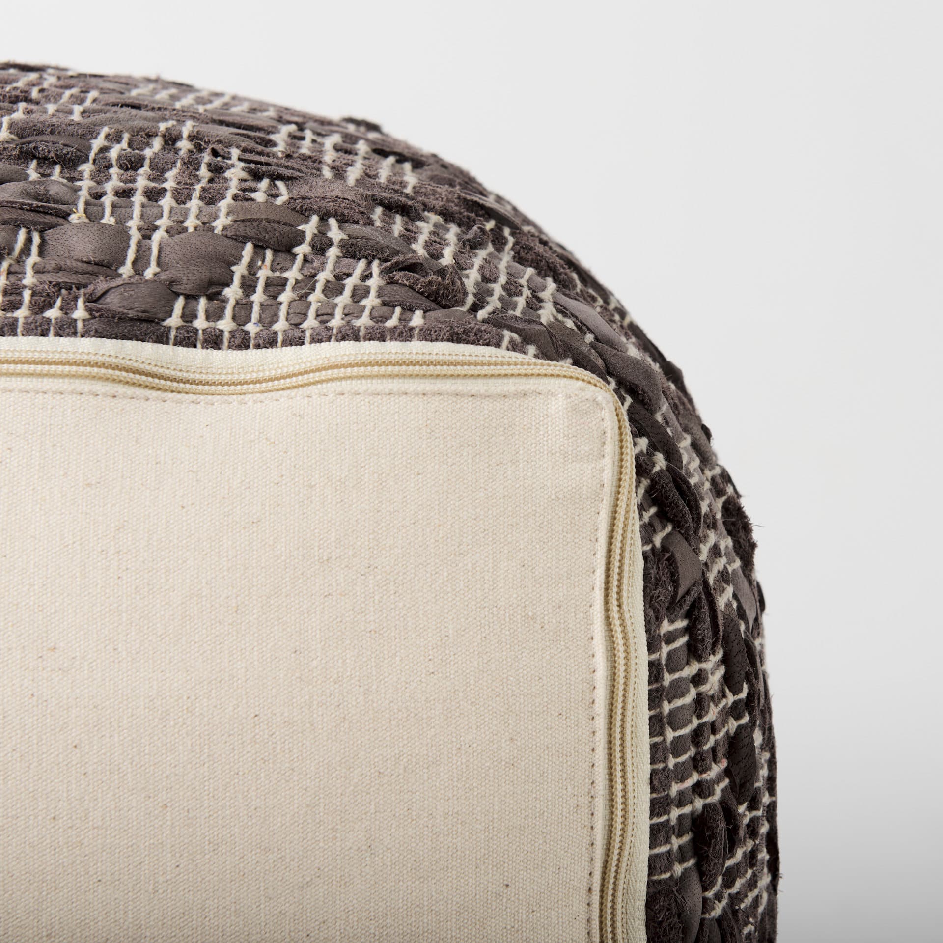 Falguni 16.0L x 16.0W x 16.0H Gray Leather and Cotton Patterned Pouf — product photograph