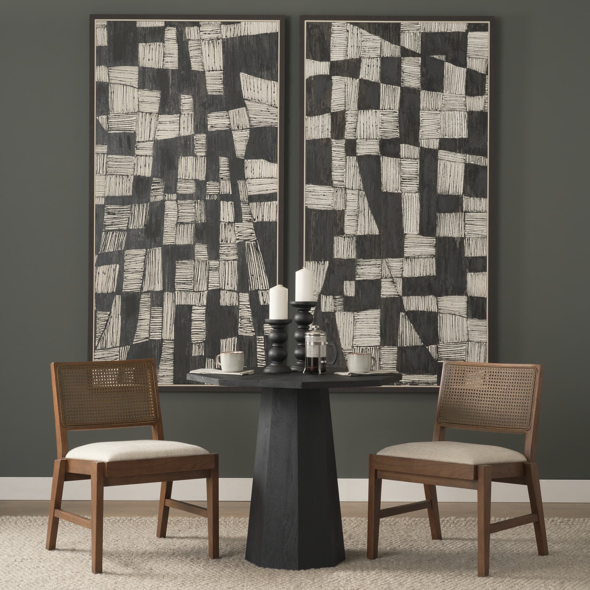 Reid Cane Back Dining Side Chair | Cream Fabric w/ Brown Wood — product photograph